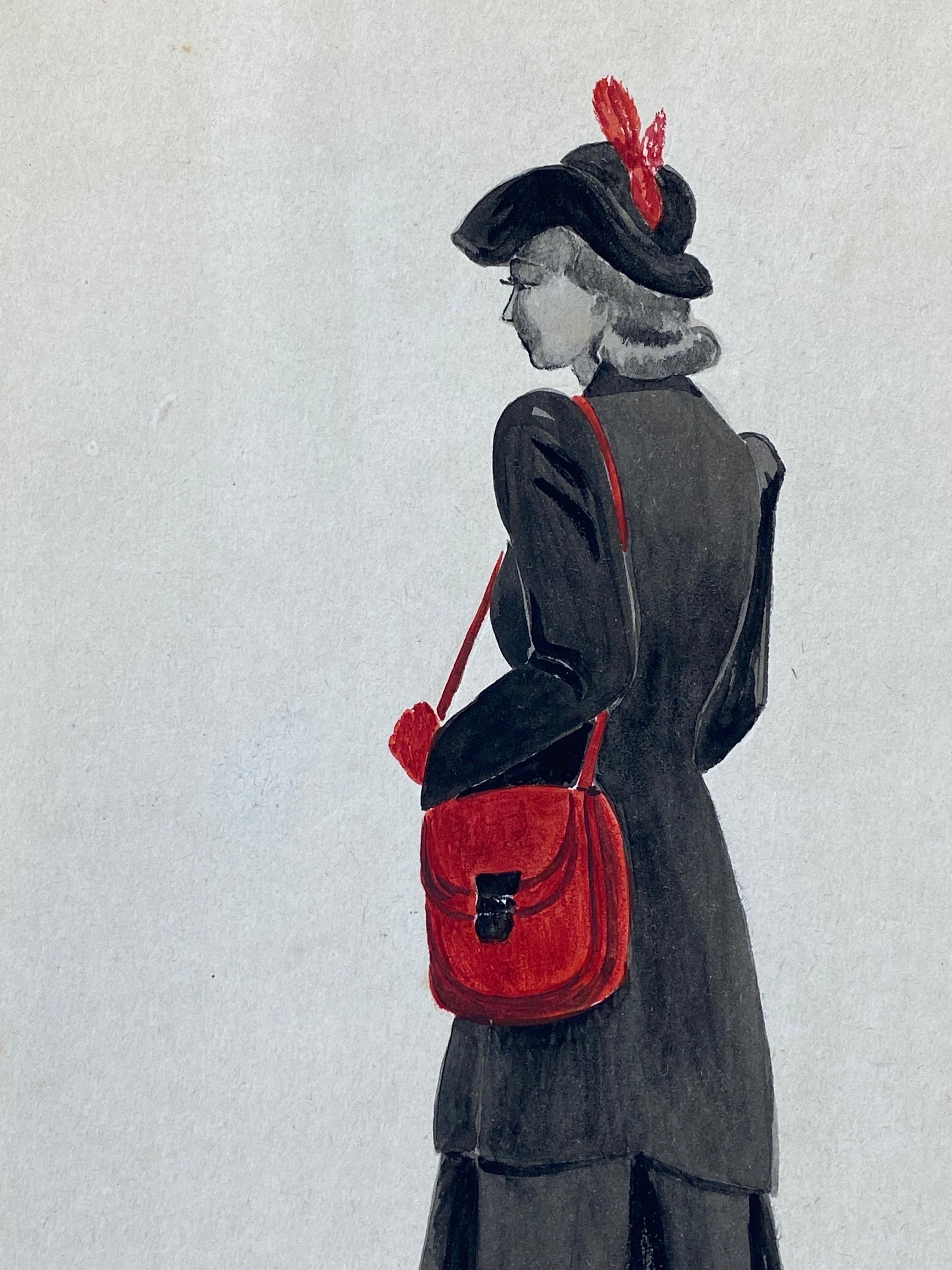 1940's French Fashion Illustration - The Elegant Lady With The Red Features - Impressionist Painting by Geneviève Thomas