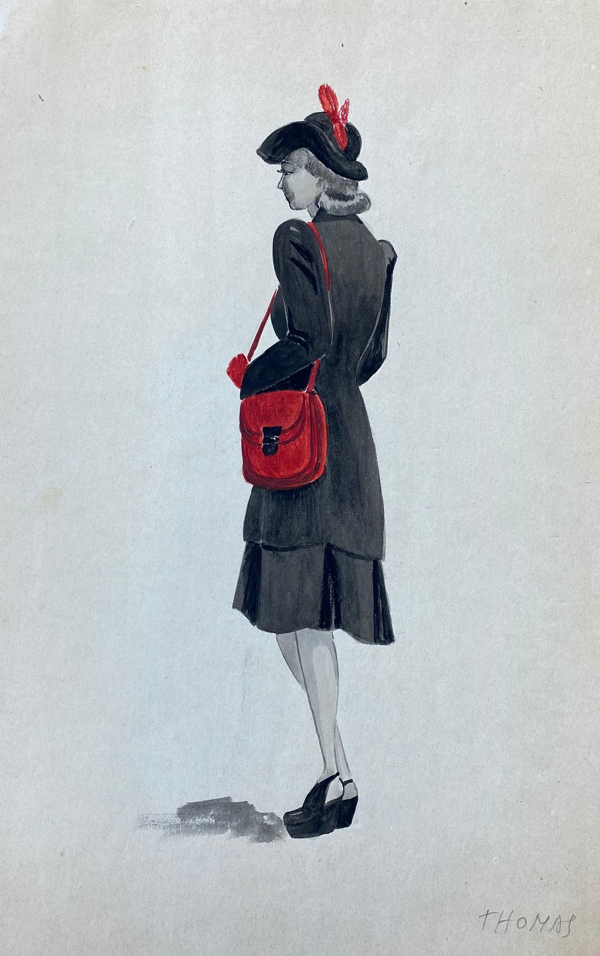 Geneviève Thomas Portrait Painting - 1940's French Fashion Illustration - The Elegant Lady With The Red Features