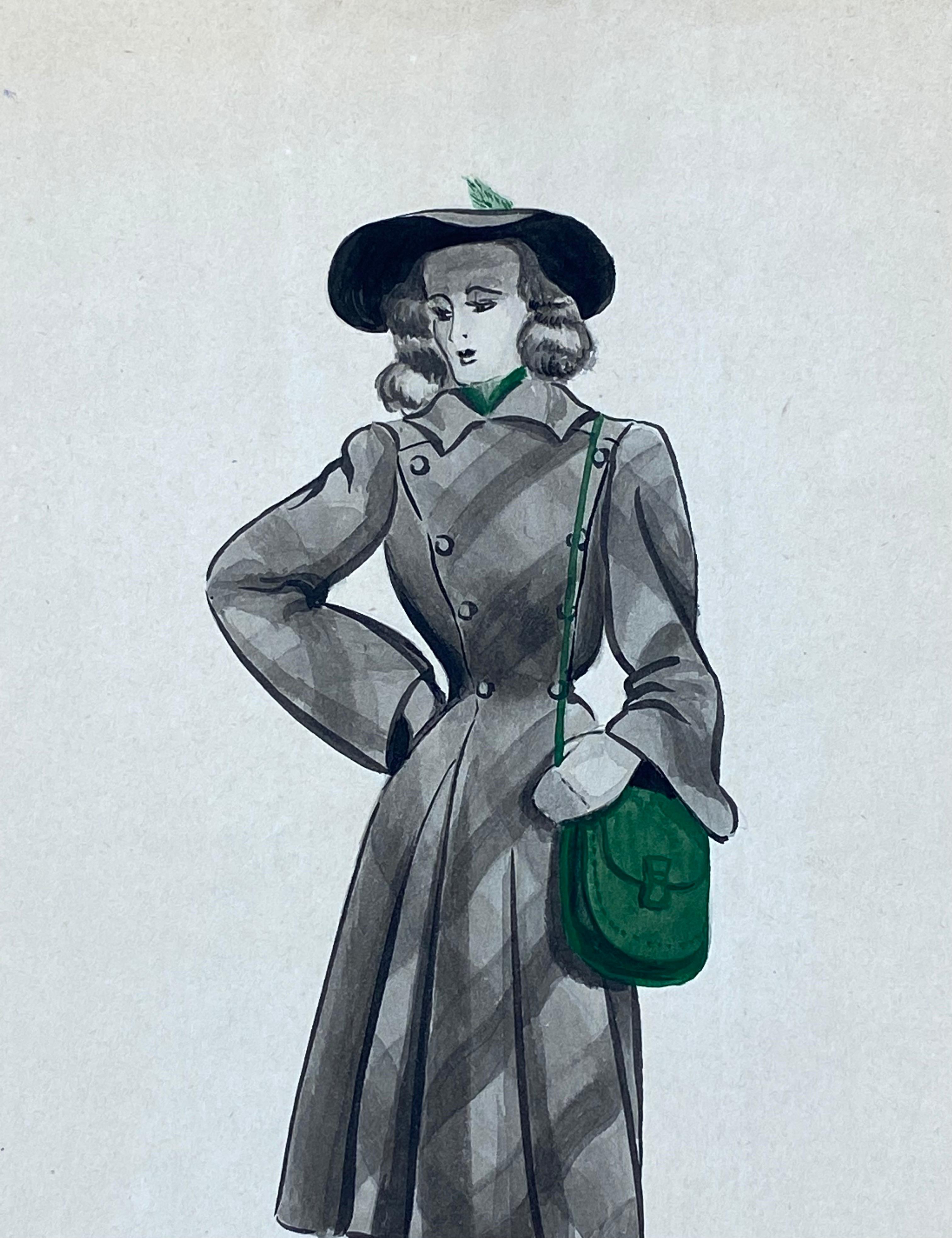 1940er Jahre Französische Mode Illustration der 1940er Jahre - Die stilvolle Dame mit den grünen Merkmalen – Art von Geneviève Thomas