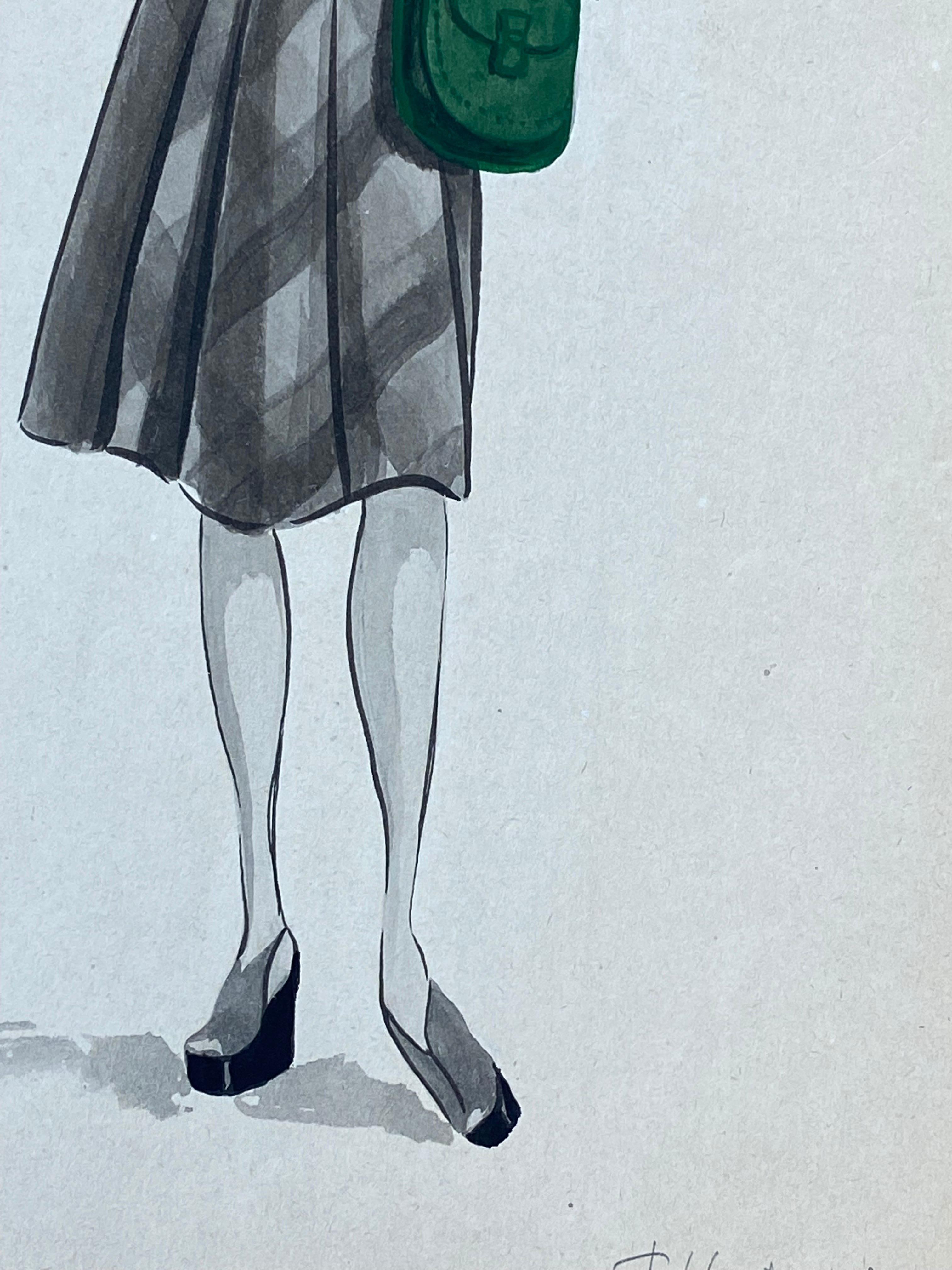 1940er Jahre Französische Mode Illustration der 1940er Jahre - Die stilvolle Dame mit den grünen Merkmalen (Grau), Portrait, von Geneviève Thomas