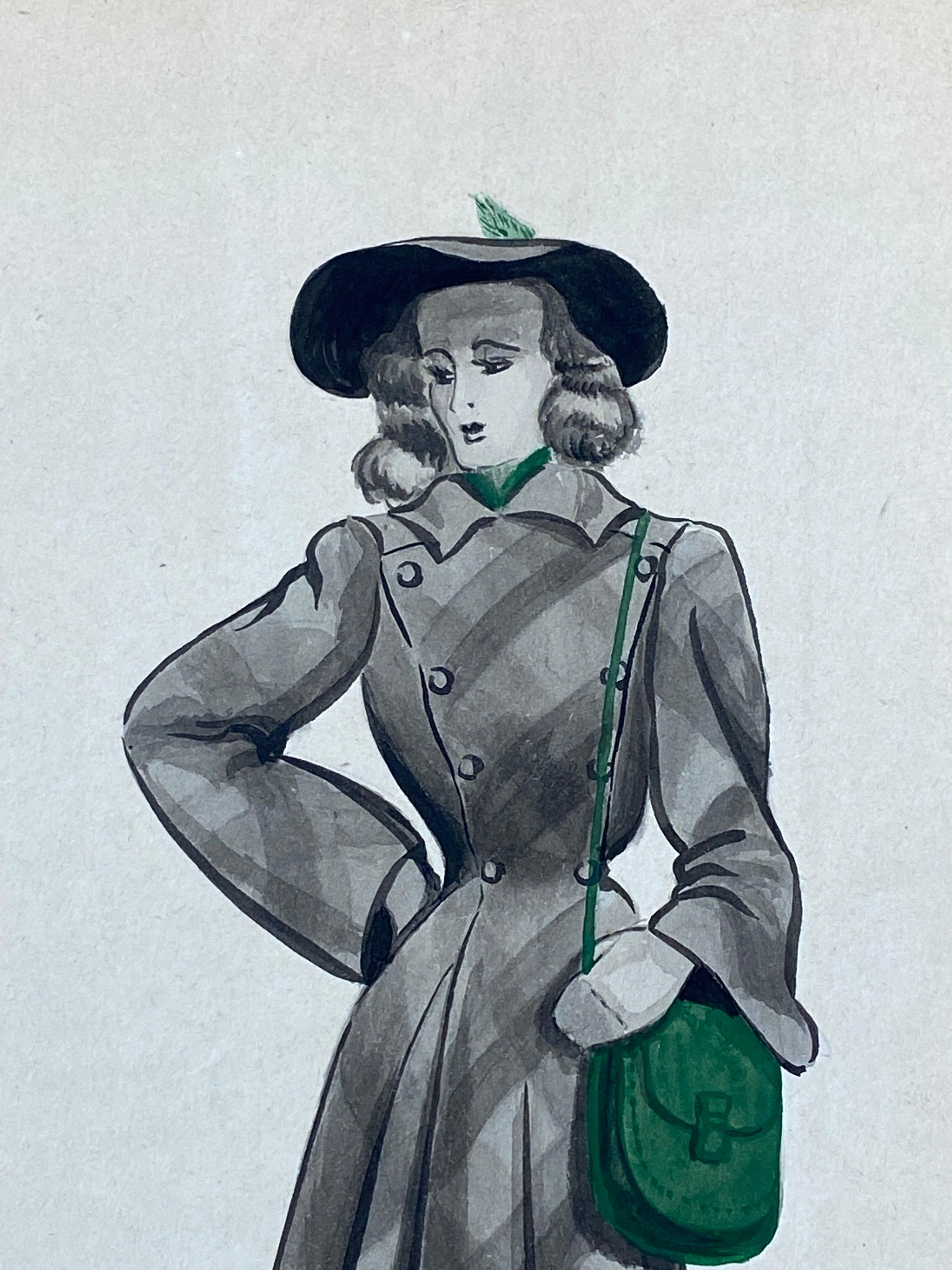 1940er Jahre Französische Mode Illustration der 1940er Jahre - Die stilvolle Dame mit den grünen Merkmalen im Angebot 1