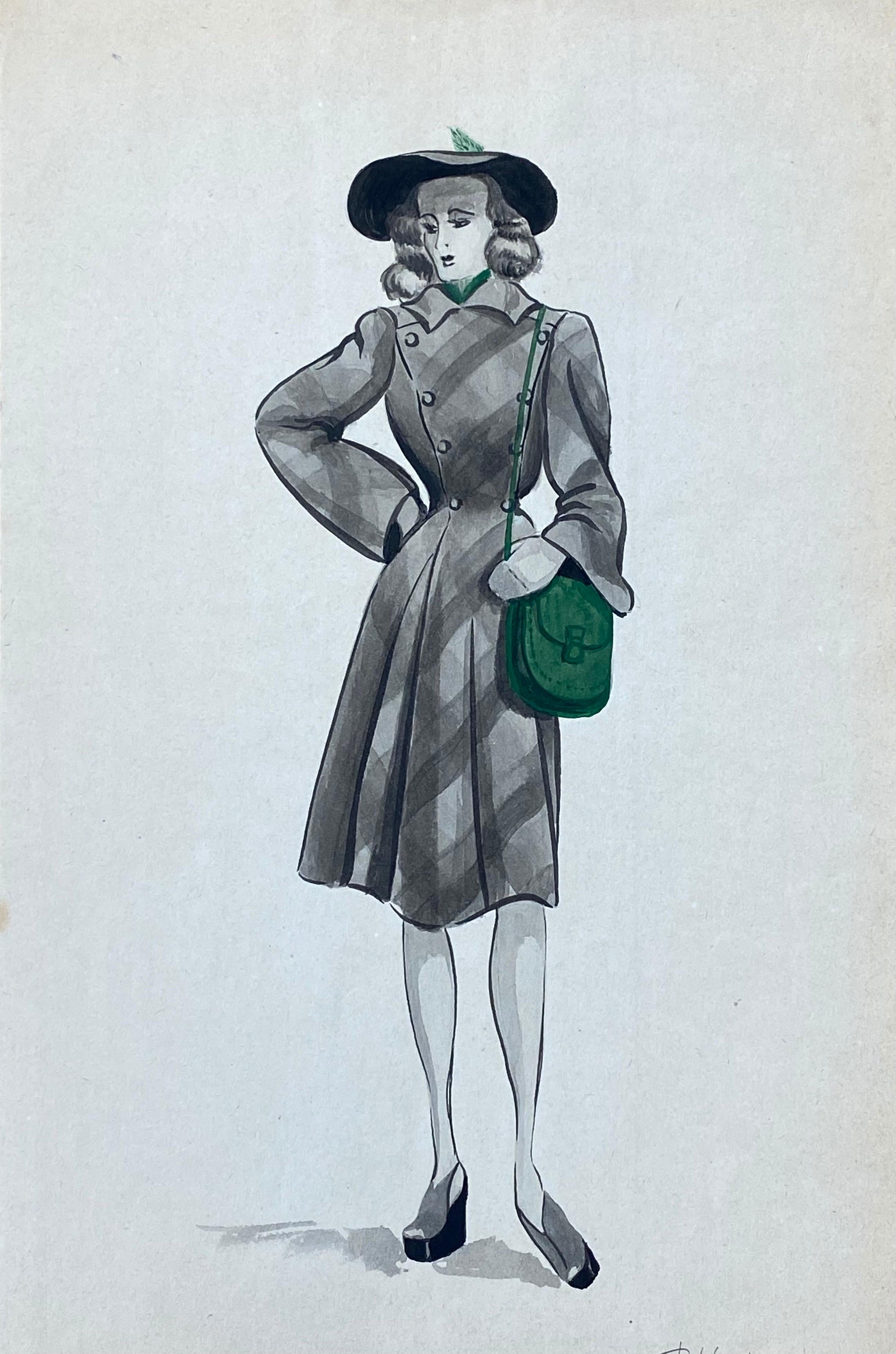Geneviève Thomas Portrait – 1940er Jahre Französische Mode Illustration der 1940er Jahre - Die stilvolle Dame mit den grünen Merkmalen