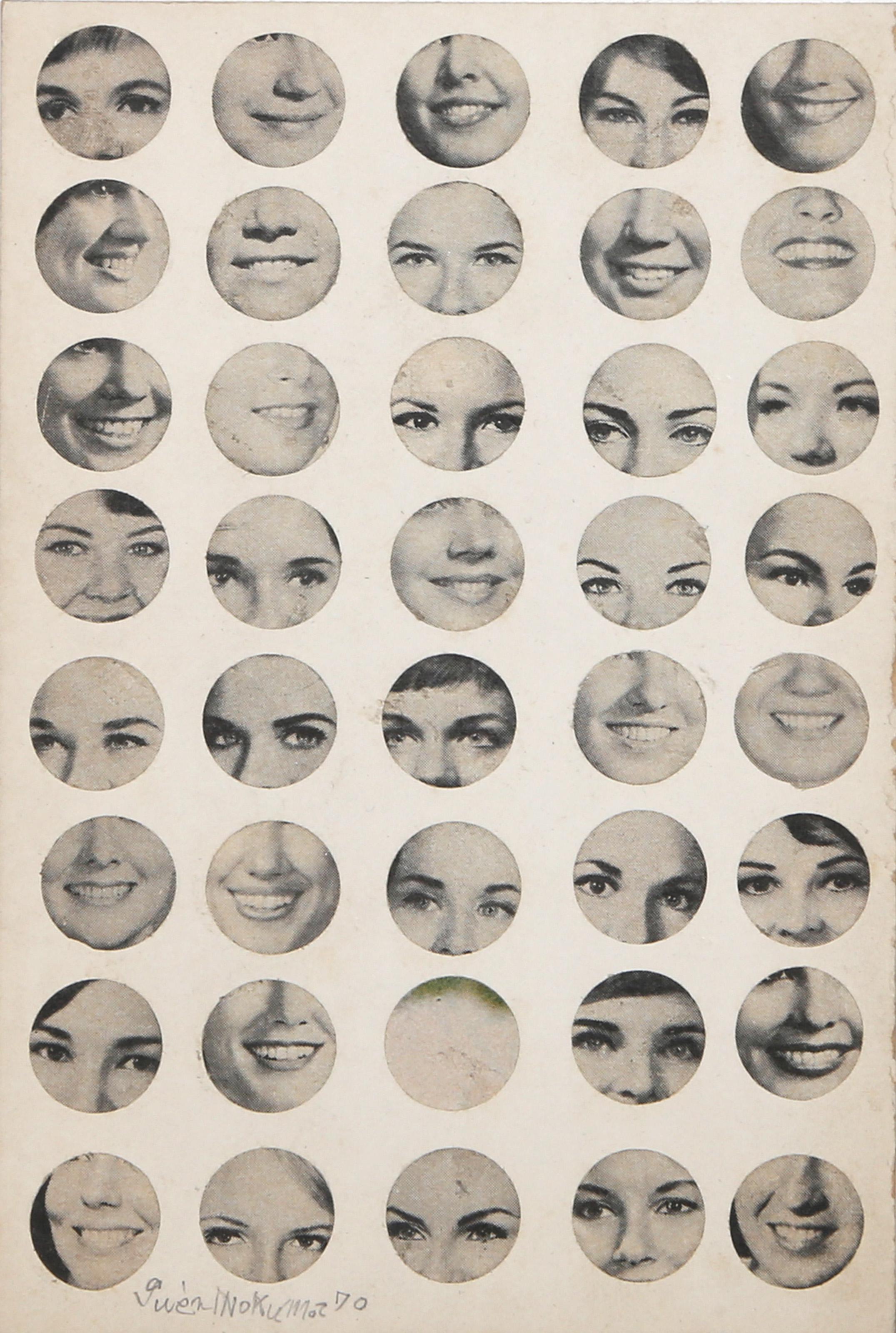 Genichiro Inokuma, Japanese (1902 - 1993) - Faces, Year:  1970, Medium:  Collage on board, signed and dated in pencil, Size:  6 x 4 in. (15.24 x 10.16 cm)