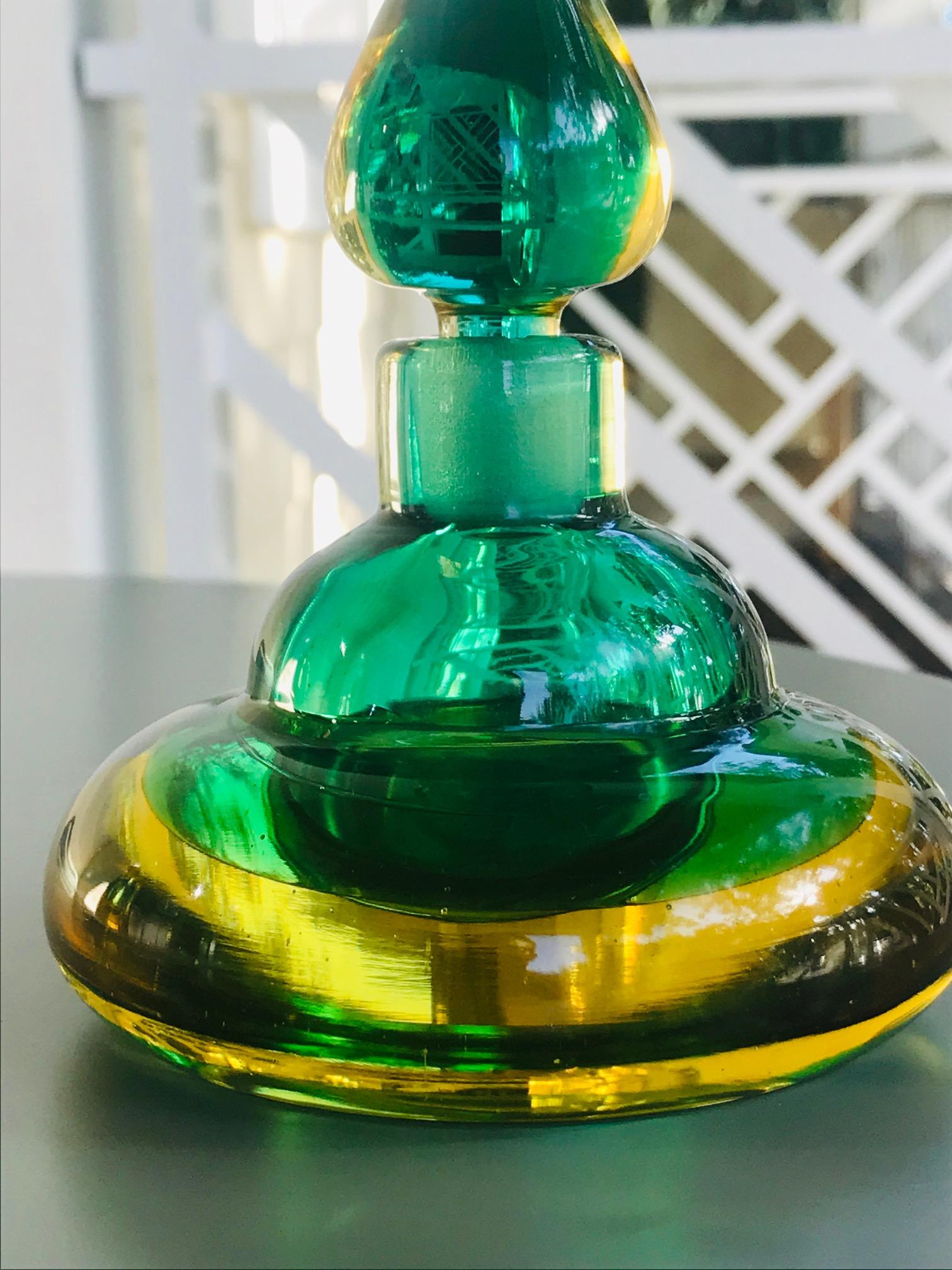 Mid-Century Modern Genie Perfume Bottle in Green and Yellow Murano Glass by Flavio Poli, circa 1960