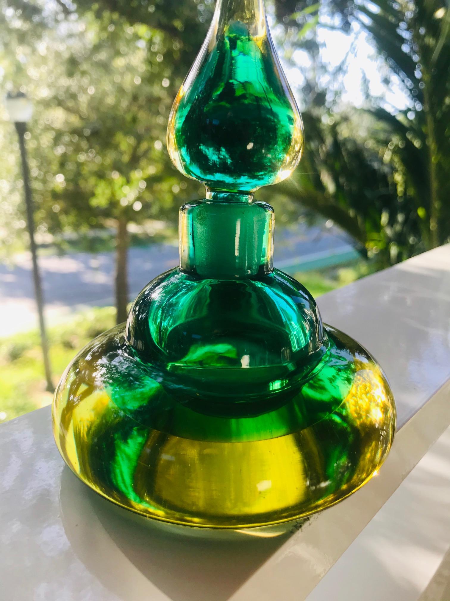 Italian Genie Perfume Bottle in Green and Yellow Murano Glass by Flavio Poli, circa 1960