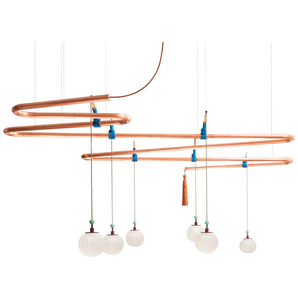 Genio Chandelier, Copper Ceiling Lamp System with Sand Blasted Glass Bowls For Sale