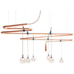 Genio Chandelier, Copper Ceiling Lamp System with Sand Blasted Glass Bowls