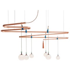 Genio Chandelier, Copper Ceiling Lamp System with Sand Blasted Glass Bowls