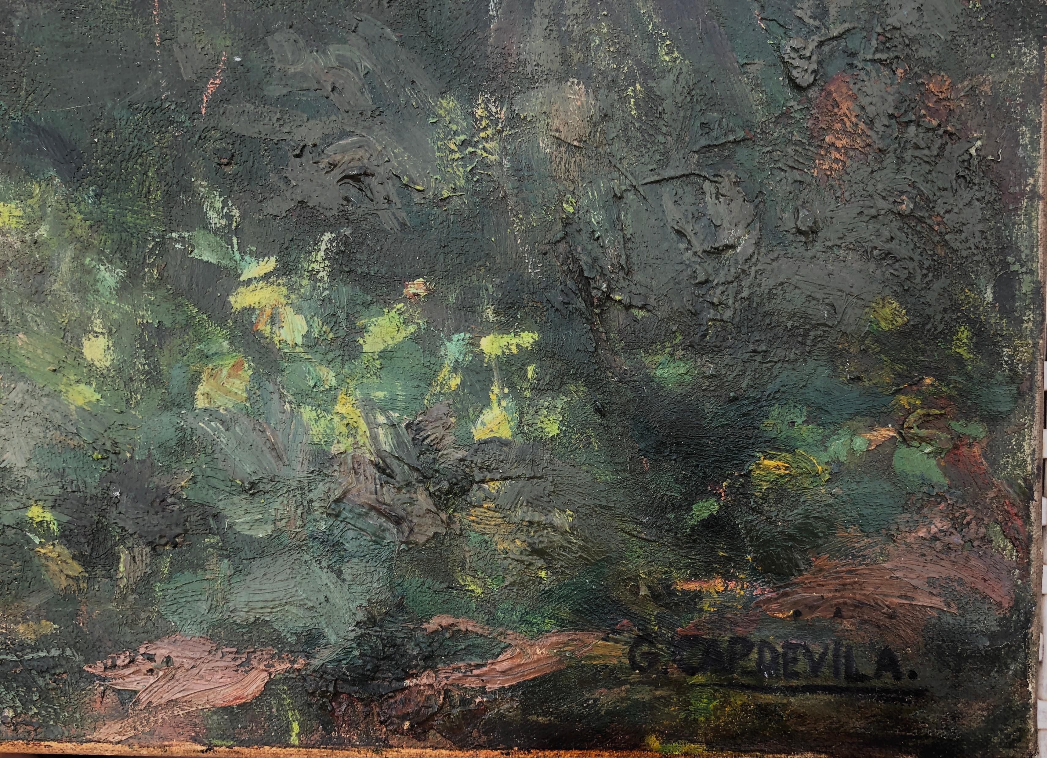 Paesaggio con villaggio spagnolo, pittura d'arte moderna europea su tela - Painting di Genis Capdevila