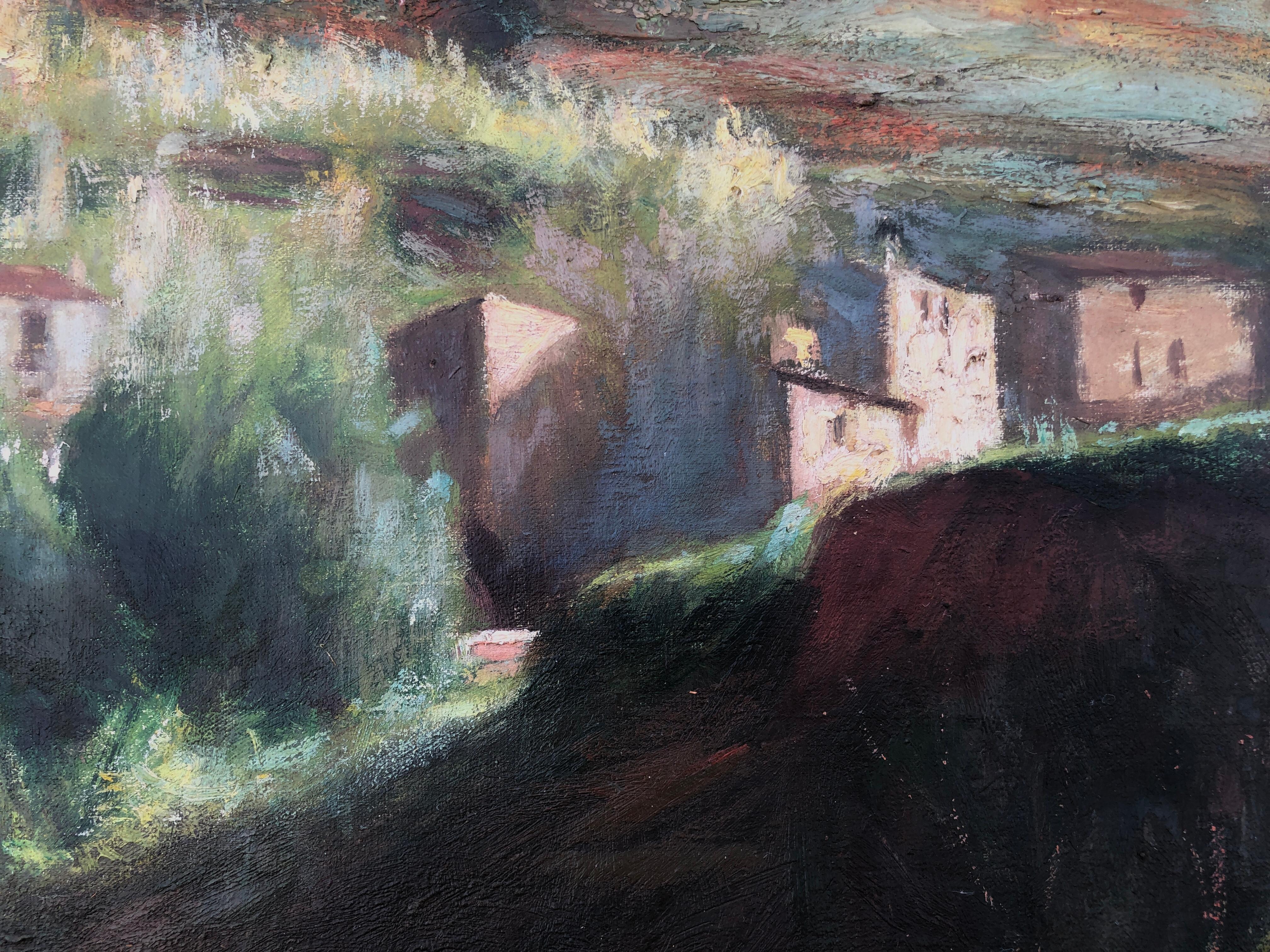 Paesaggio con villaggio spagnolo, pittura d'arte moderna europea su tela - Painting Impressionismo di Genis Capdevila