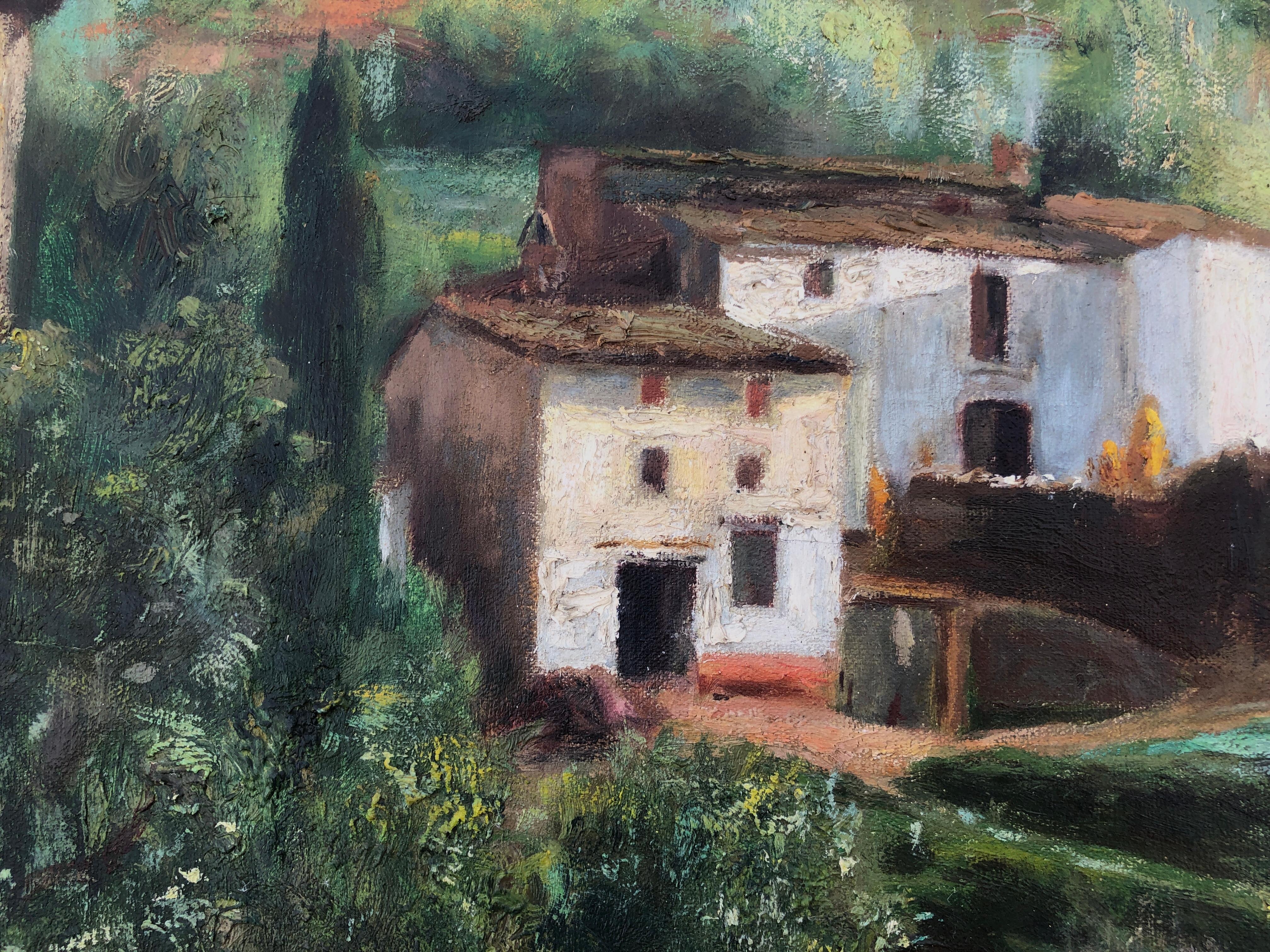 Paesaggio con villaggio spagnolo, pittura d'arte moderna europea su tela in vendita 1