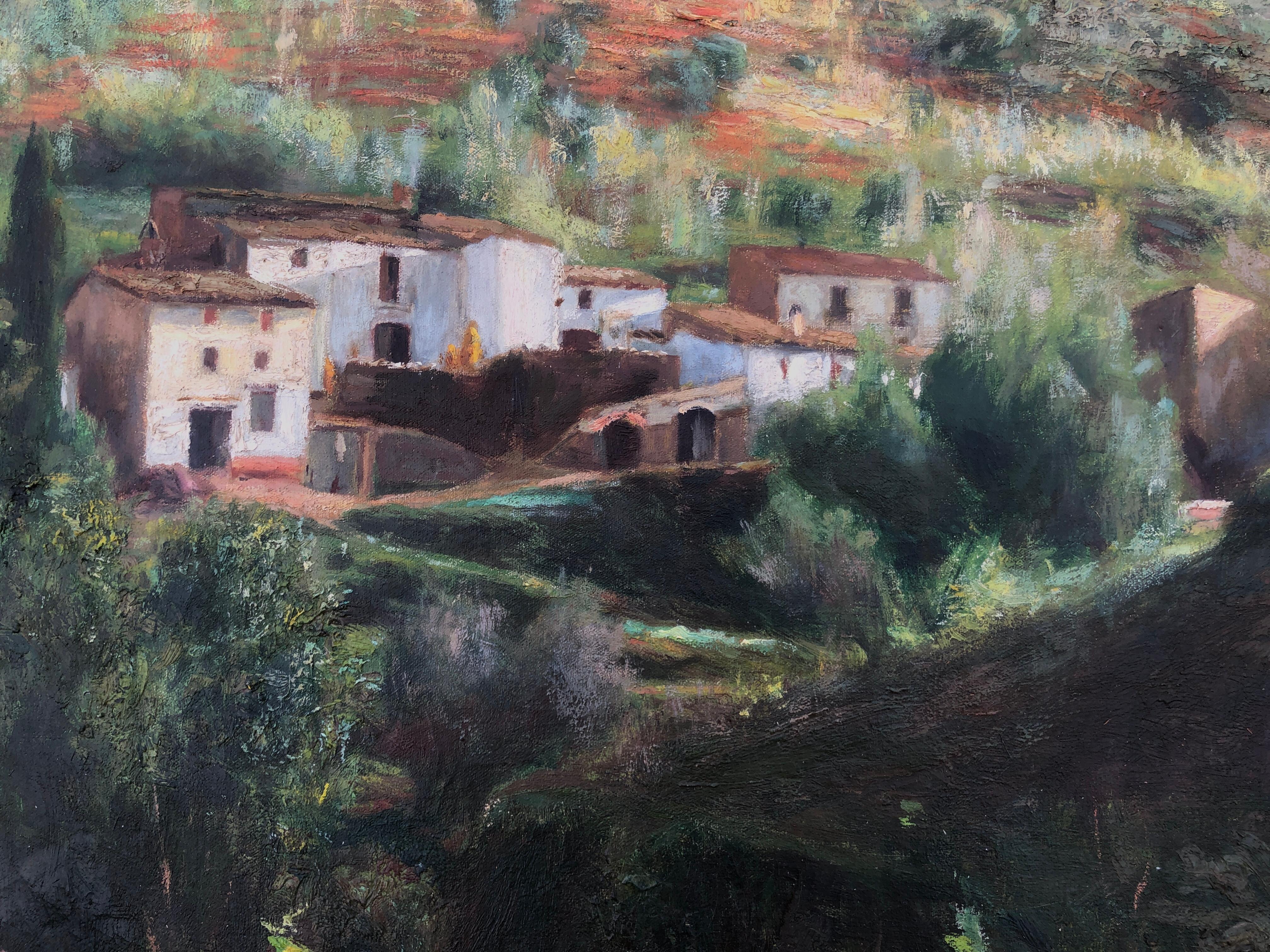 Paesaggio con villaggio spagnolo, pittura d'arte moderna europea su tela in vendita 2