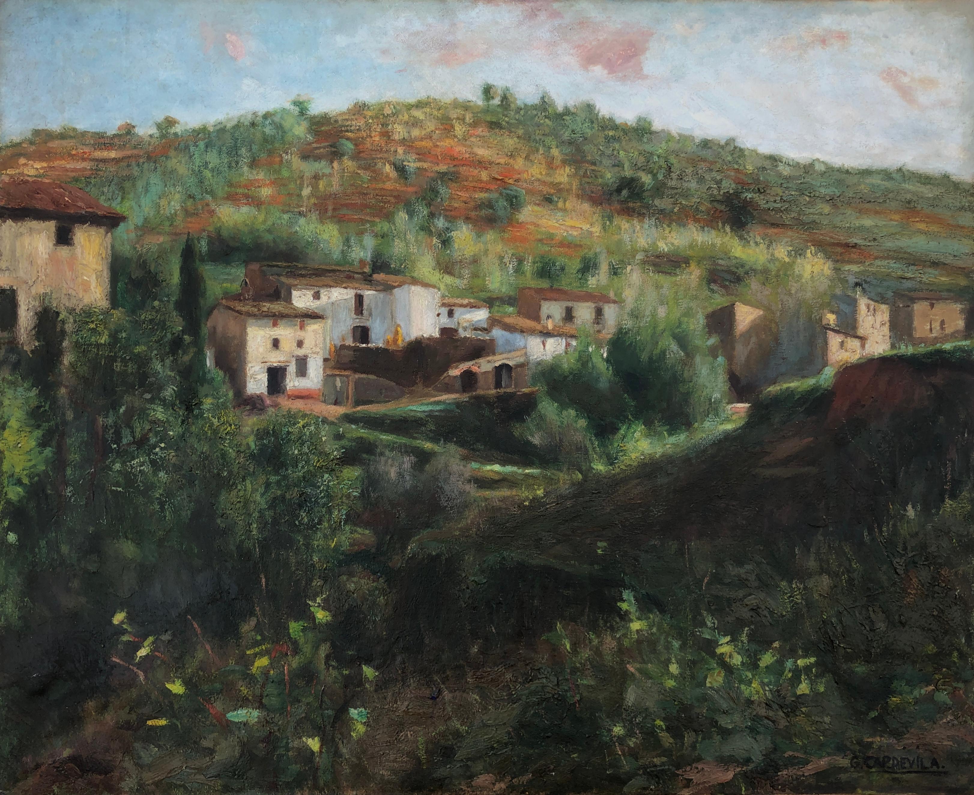 Landscape Painting di Genis Capdevila - Paesaggio con villaggio spagnolo, pittura d'arte moderna europea su tela