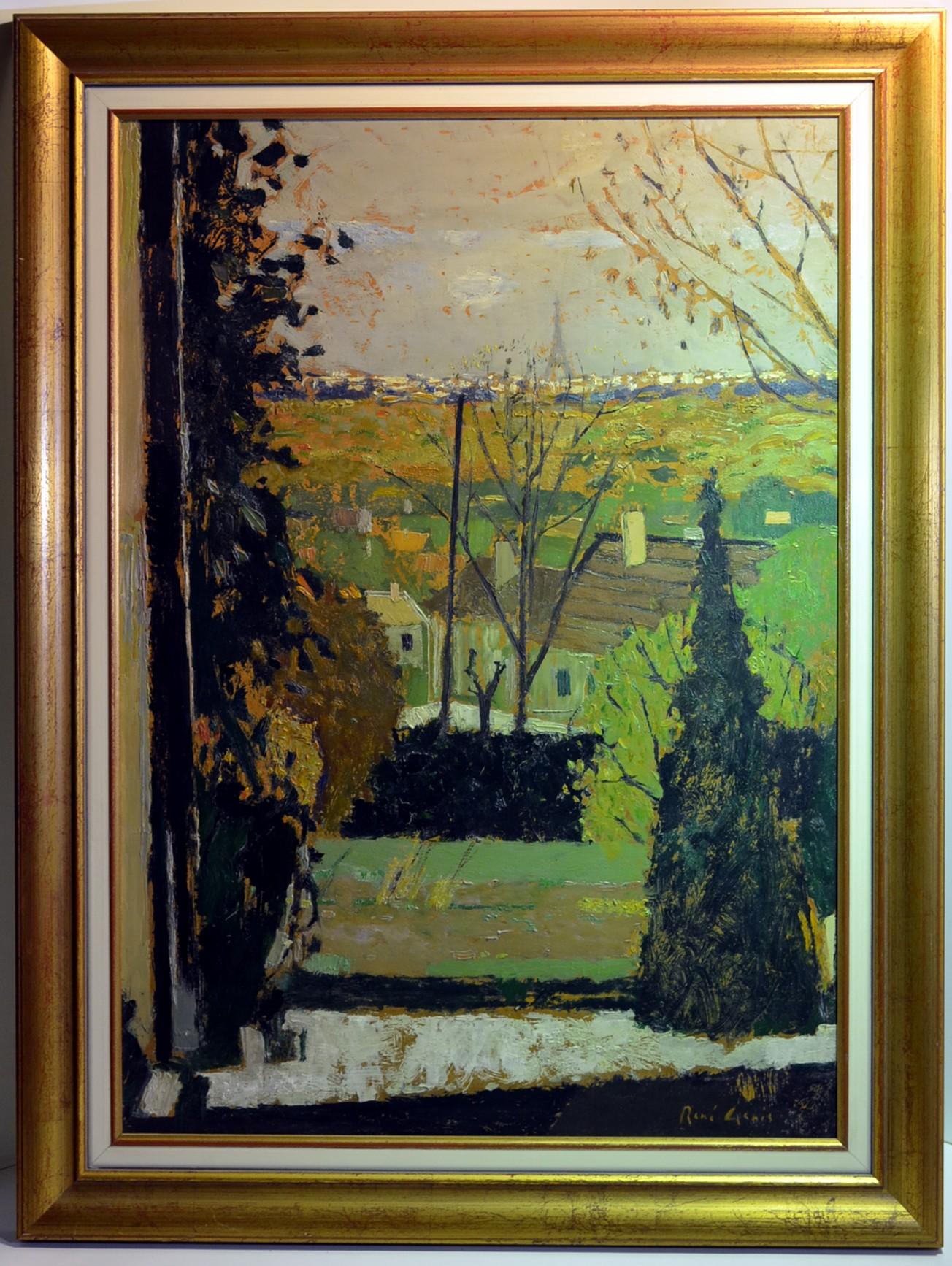 Hand-Painted RENE GENIS (1922-2004) untitled, Landscape view of the Eiffel Tower, France 20th For Sale