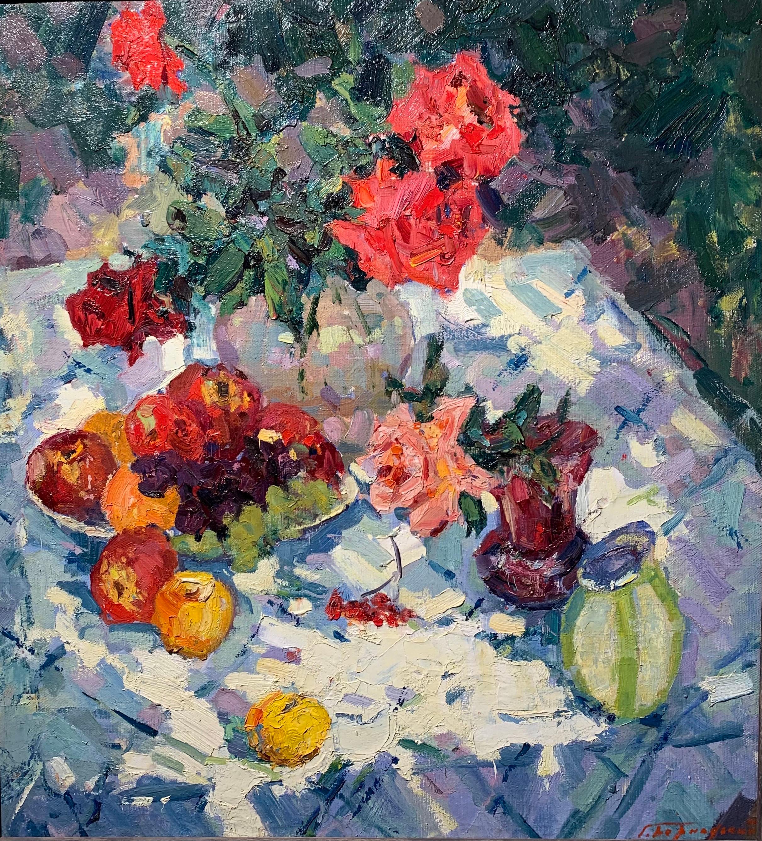 "Roses and fruit" Oil cm. 63 x 70 1979 shipping free