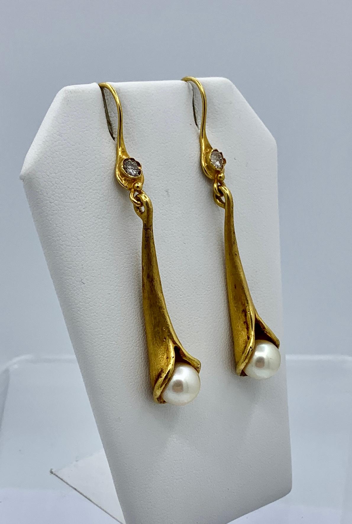 Modernist Gennady Osmerkin Diamond Pearl Earrings Lily Flower 18 Karat Gold Modern Art