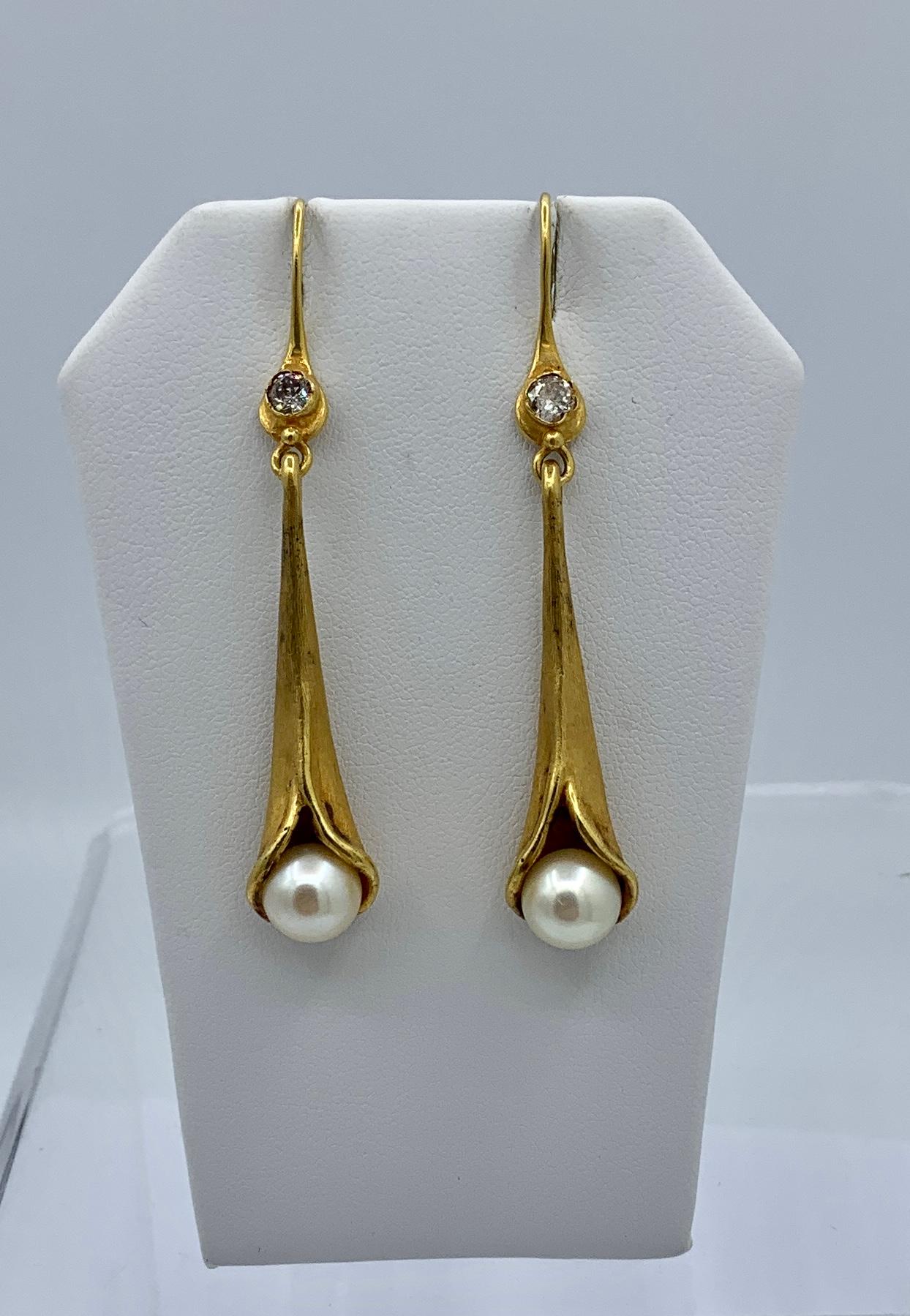 Women's Gennady Osmerkin Diamond Pearl Earrings Lily Flower 18 Karat Gold Modern Art