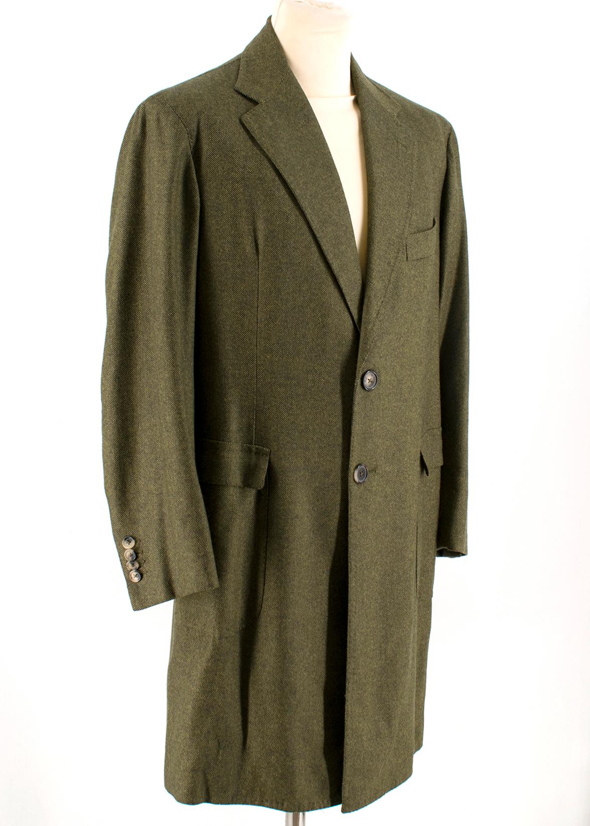 Gennano Solito long green textured coat

- notch lapels
- Buttons closure
- Buttons cuff
- Two flapped front pocket
- One chest pocket

Please note, these items are pre-owned and may show some signs of storage, even when unworn and unused. This is