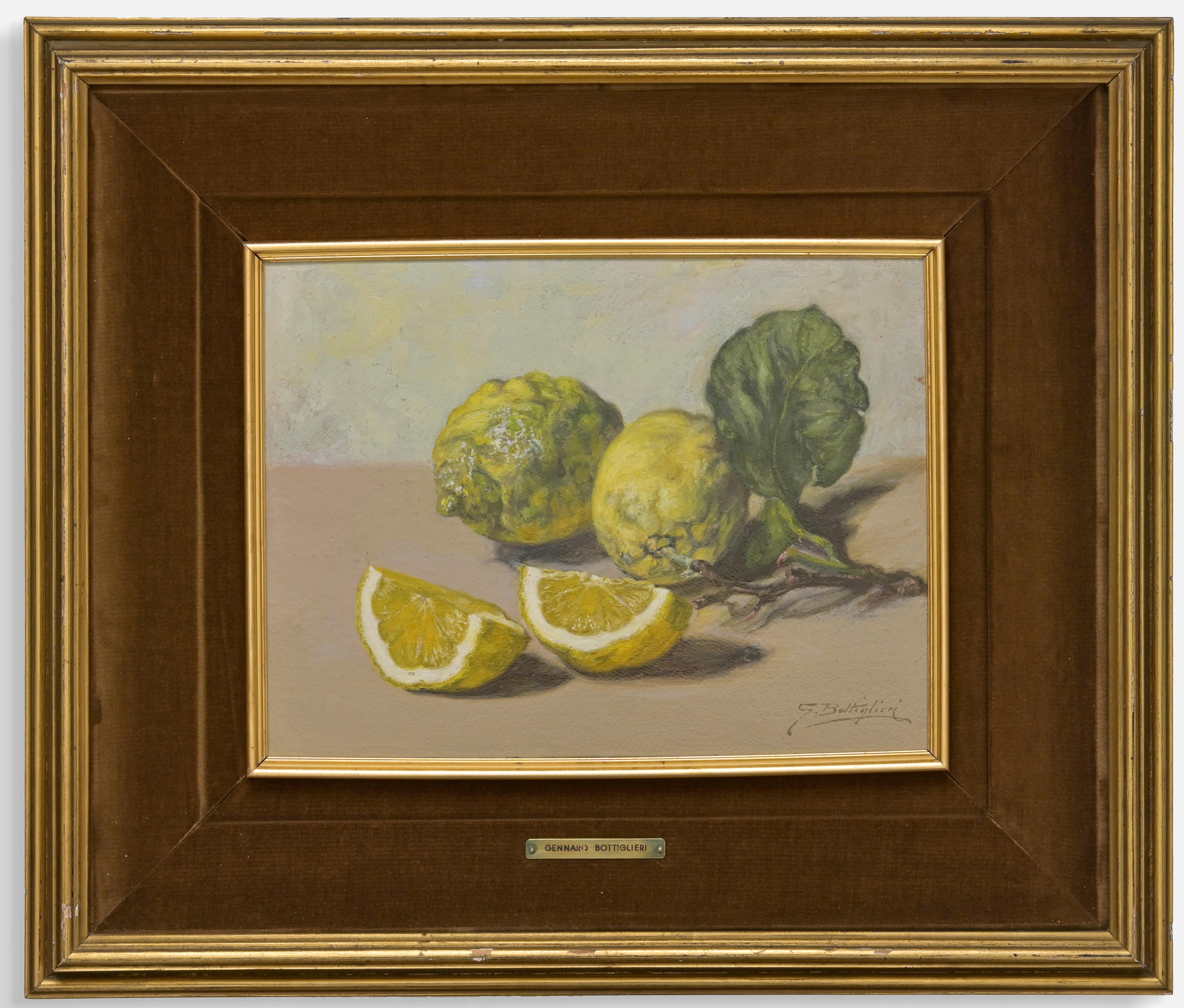 Lemons and Artichoke - Oil on Canvas by Gennaro Bottiglieri - 1950s 1