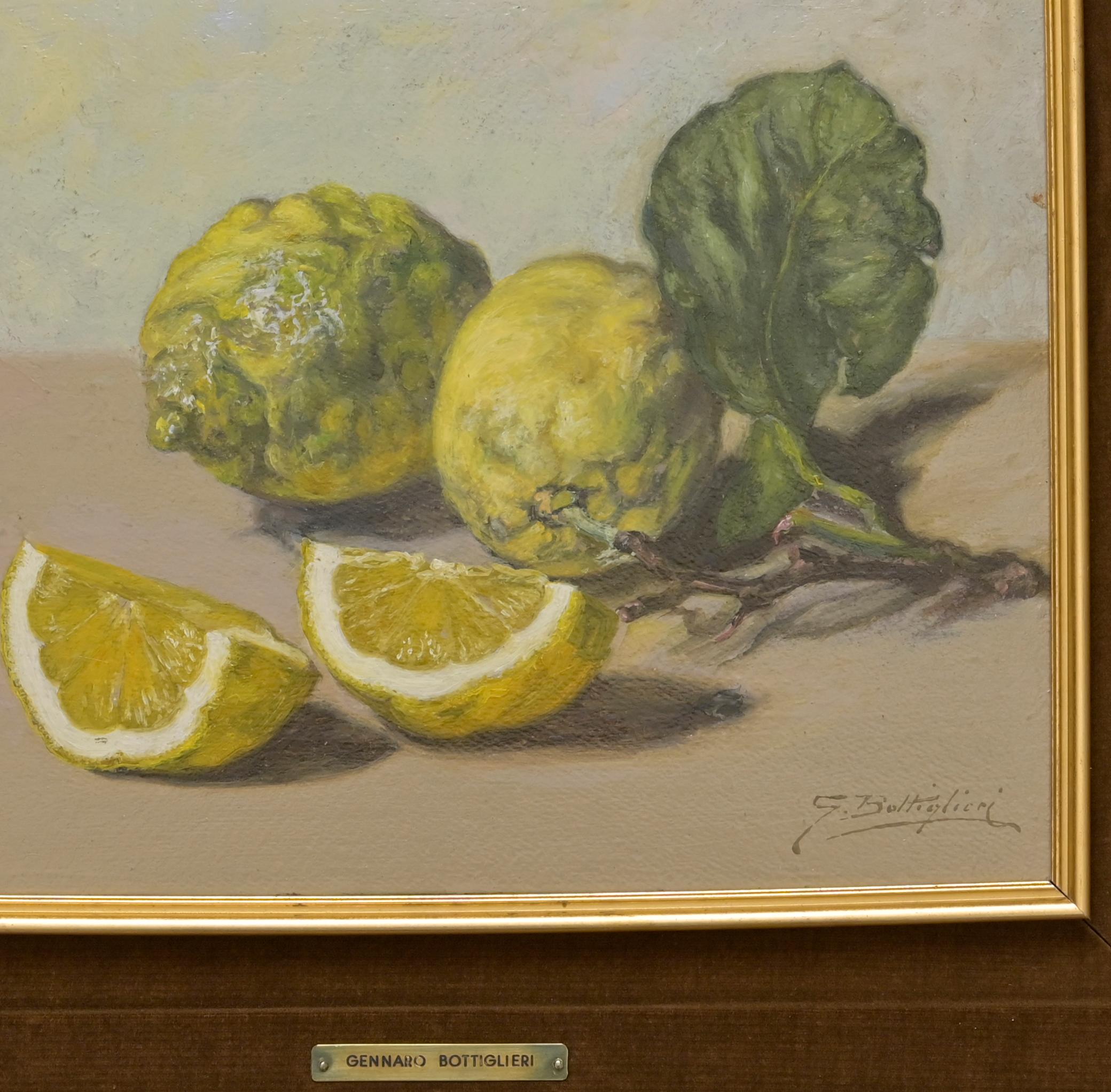 Lemons and Artichoke - Oil on Canvas by Gennaro Bottiglieri - 1950s 2