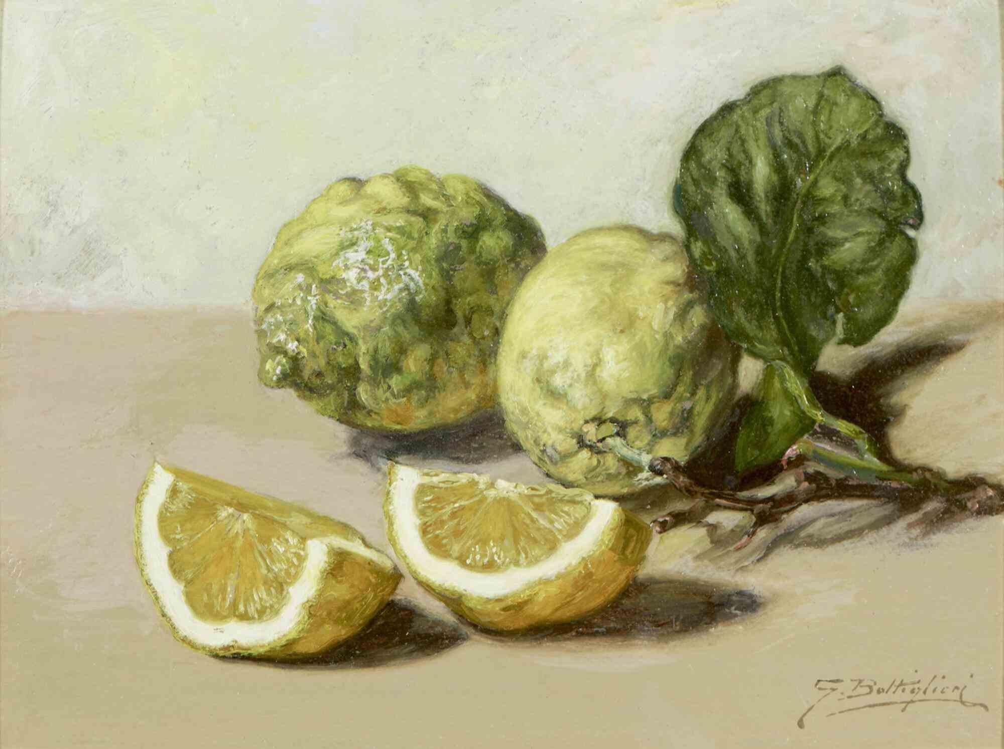 Lemons and Artichoke is an oil painting on canvas realized in the 1950s by Gennaro Bottiglieri (1899-1965).

Hand-signed on the lower.

Good conditions.