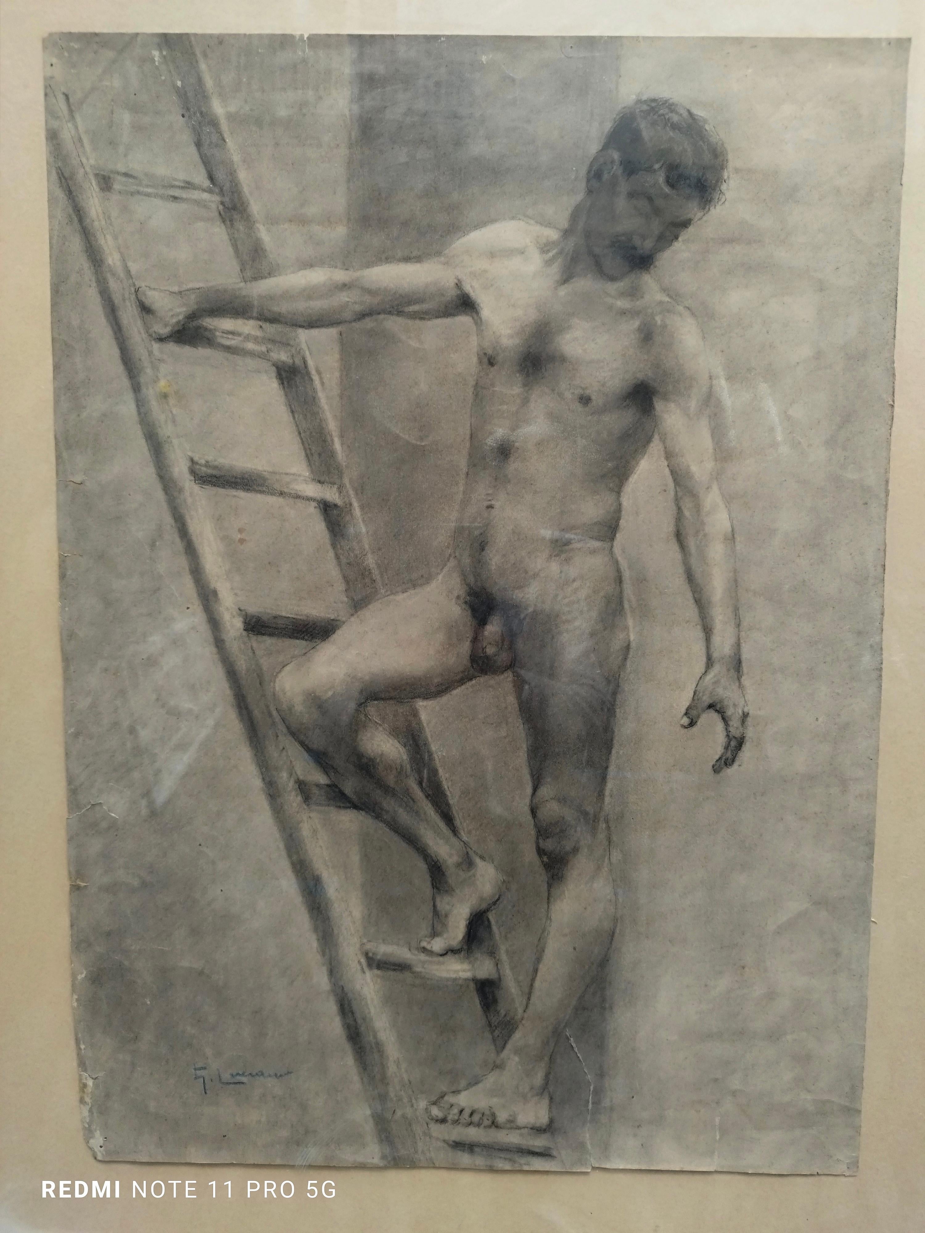 DRAWING OF ACKED MAN ON LADDER - Painting de Gennaro Luciano