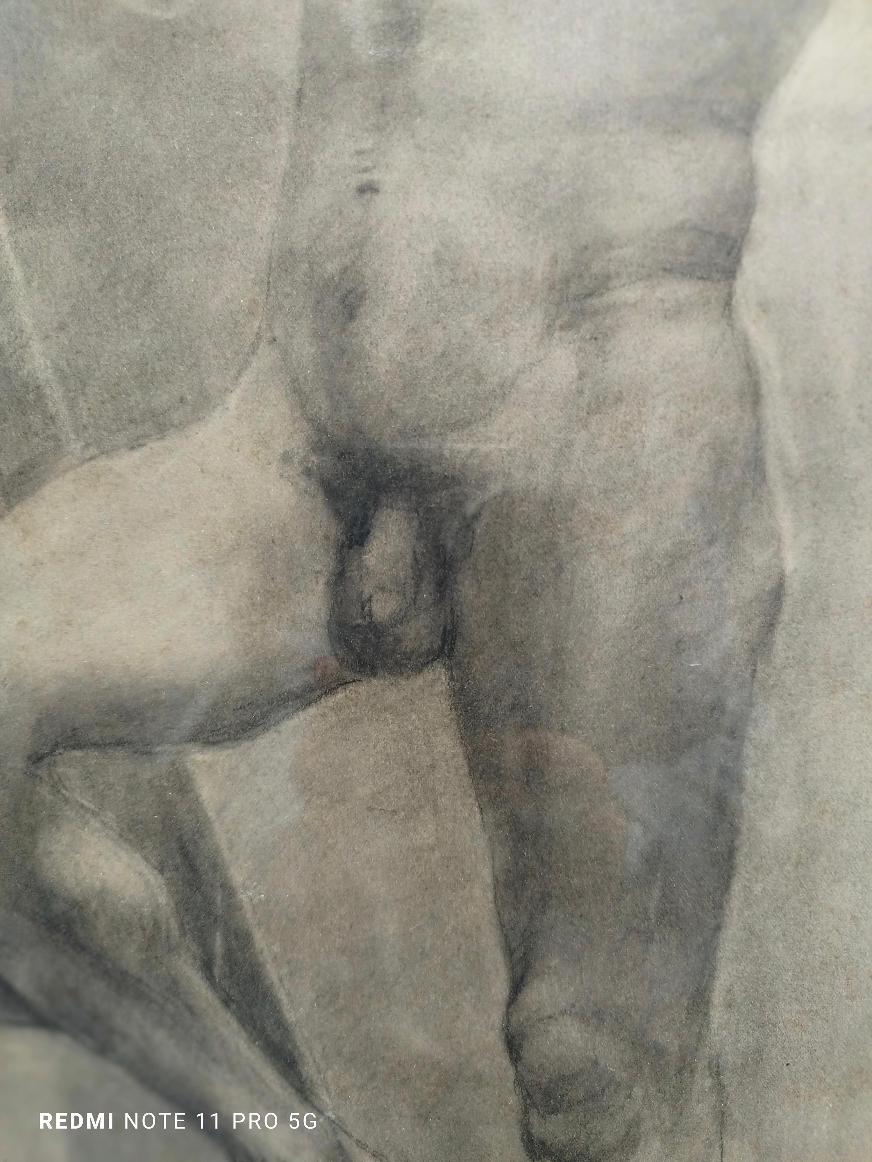 DRAWING OF ACKED MAN ON LADDER - Beige Nude Painting par Gennaro Luciano