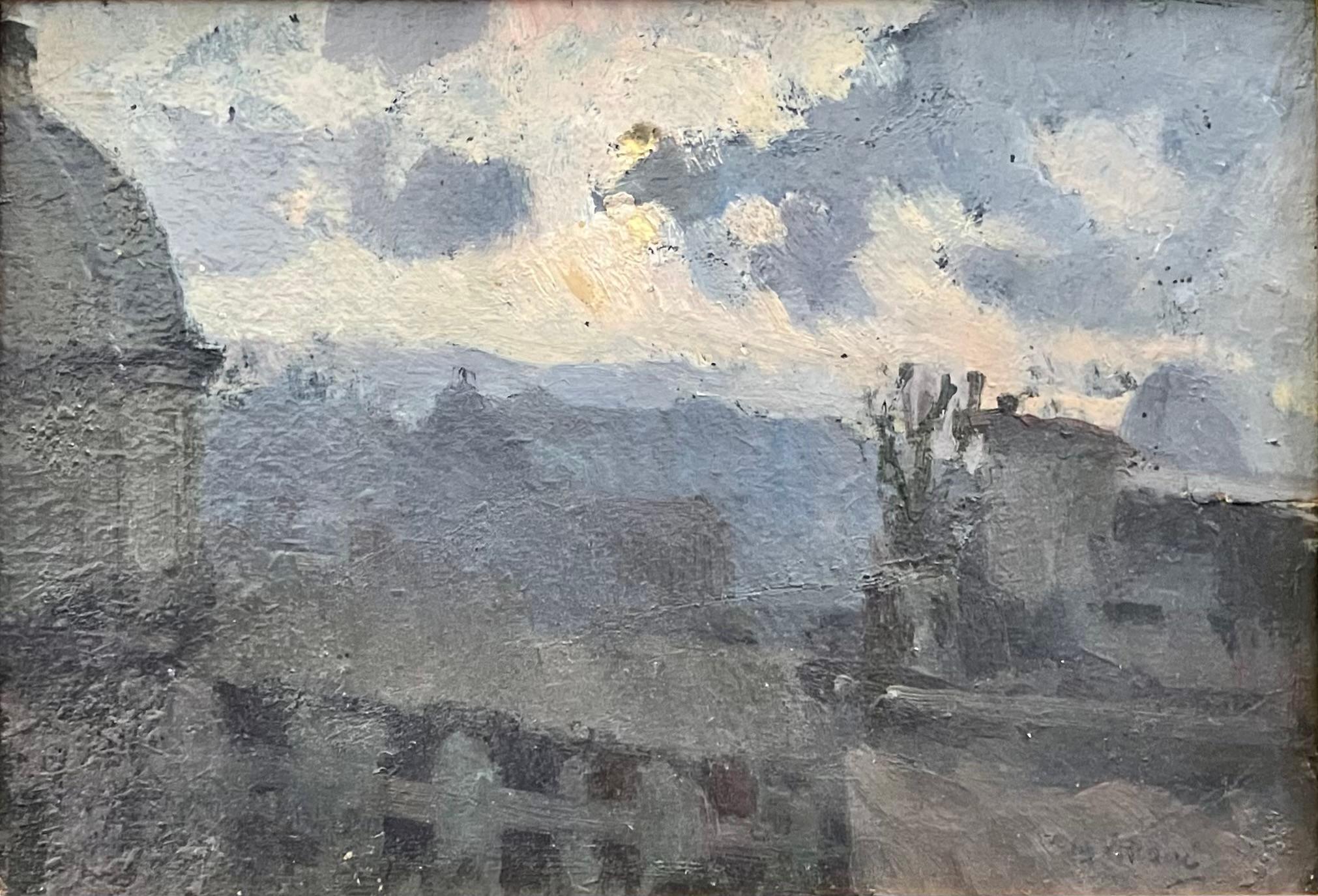 Gennaro Villani, Naples Rooftop Scene.  Oil on card in antique Neapolitan mahogany restored wood frame recently re-matted and reframed. Signed 