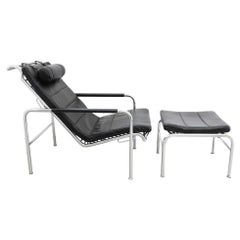 Genni Chaise or Lounge Chair + Stool by Gabriele Mucchi in black leather chrome