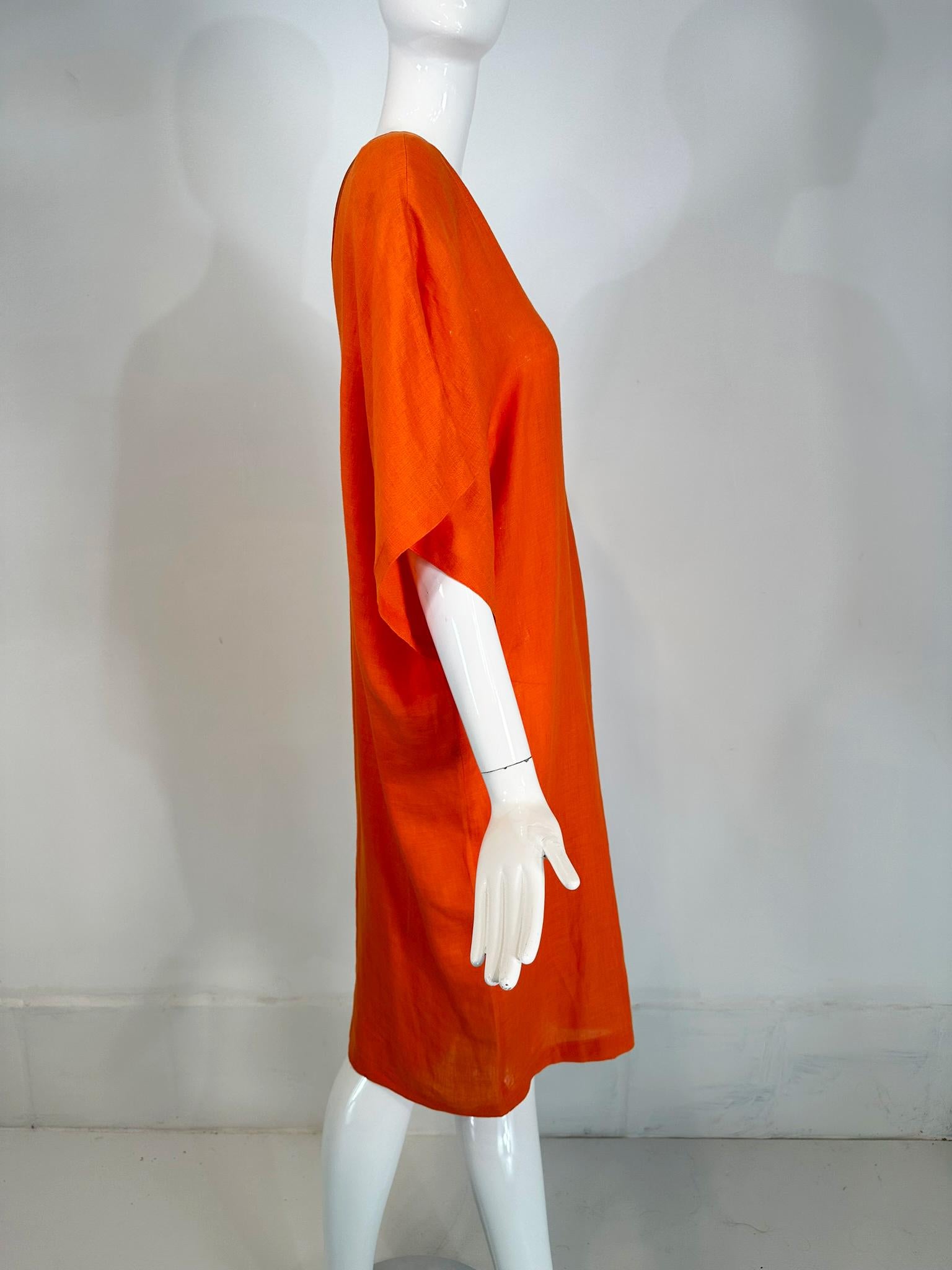Genny 1990s Mandarin Orange Linen & Silk Kimono Sleeve Sac Dress For Sale 6