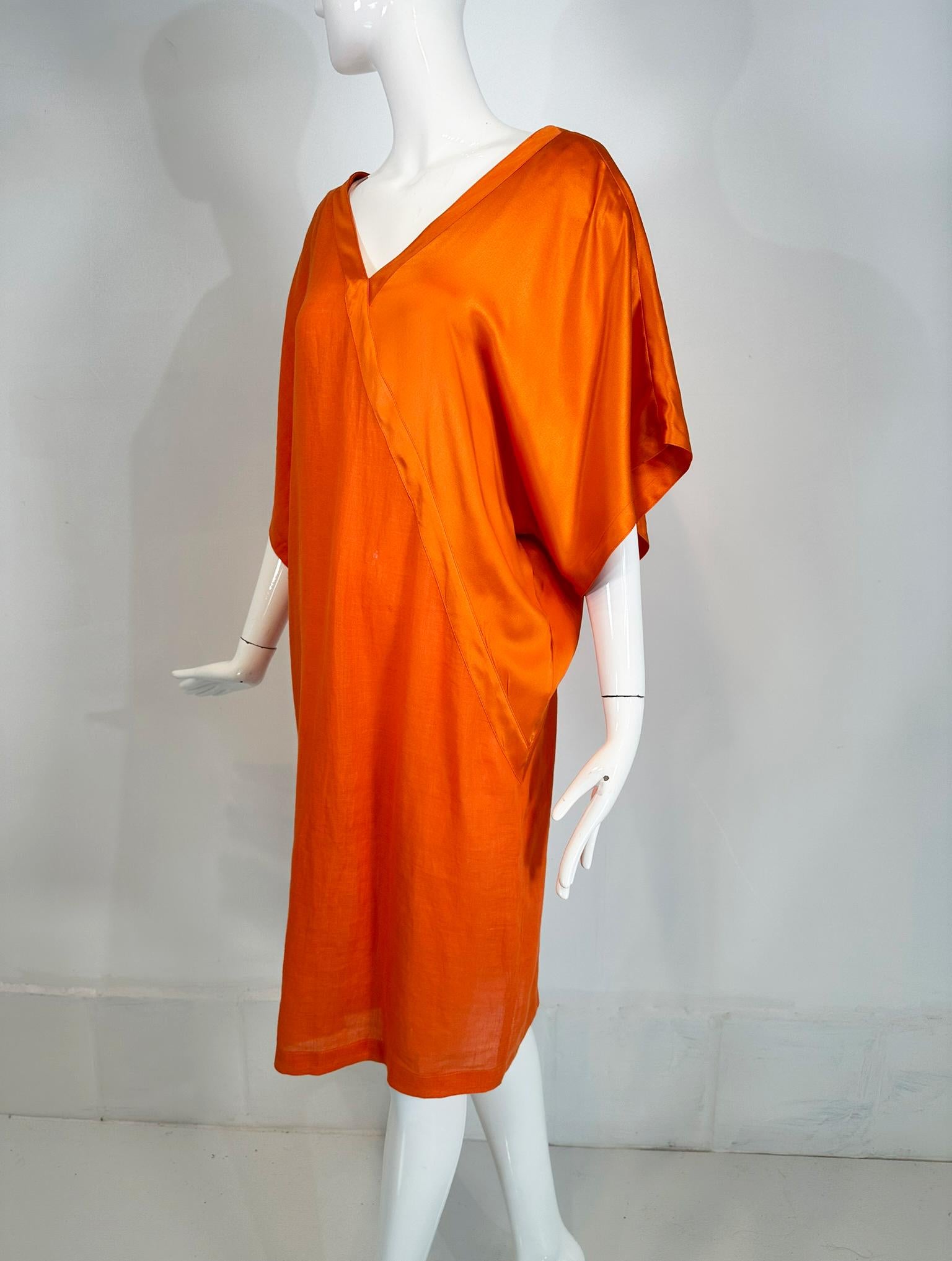 Red Genny 1990s Mandarin Orange Linen & Silk Kimono Sleeve Sac Dress For Sale