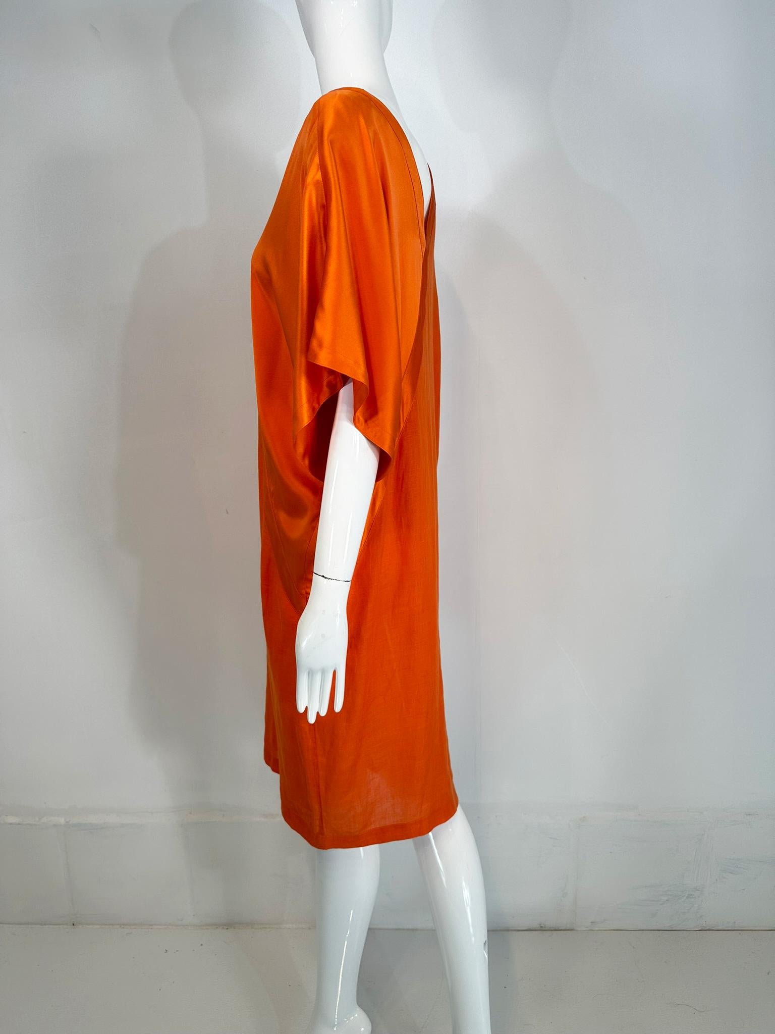 Genny 1990s Mandarin Orange Linen & Silk Kimono Sleeve Sac Dress For Sale 1