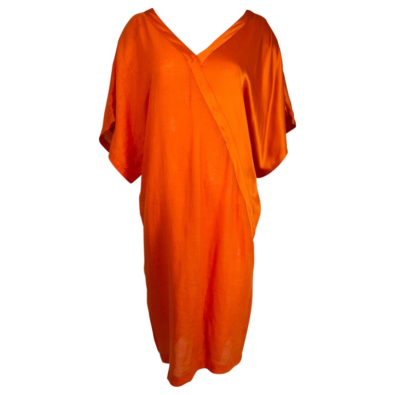 Genny 1990s Mandarin Orange Linen & Silk Kimono Sleeve Sac Dress