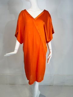 Genny 1990s Mandarin Orange Linen & Silk Kimono Sleeve Sac Dress