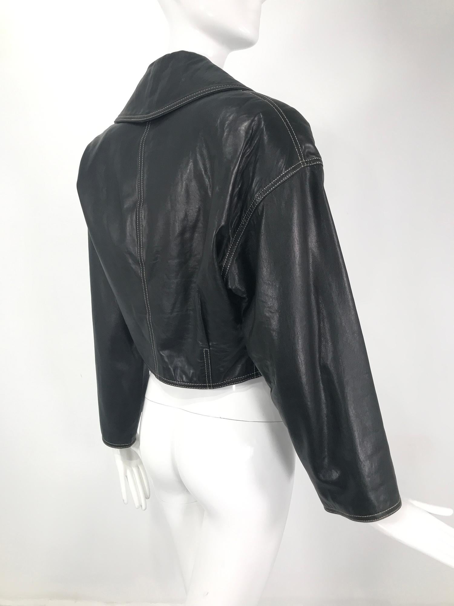 Genny Black Leather Bomber Jacket With Rhinestone Buttons & Gold Stitching 1980s For Sale 3