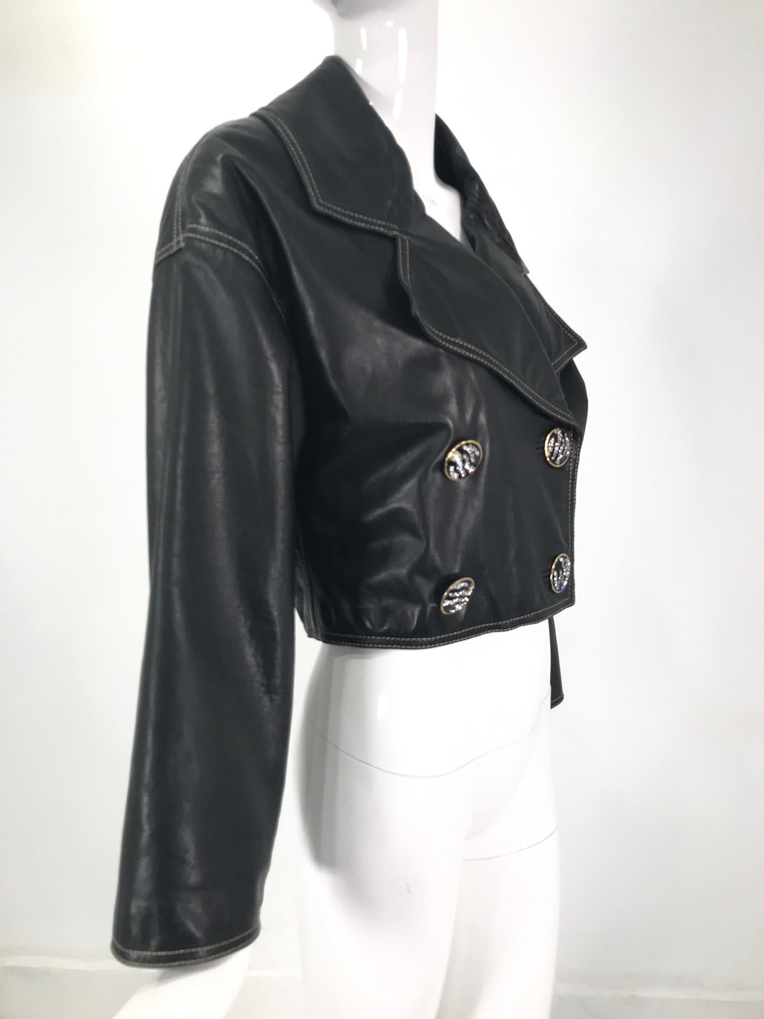 Genny Black Leather Bomber Jacket With Rhinestone Buttons & Gold Stitching 1980s 4
