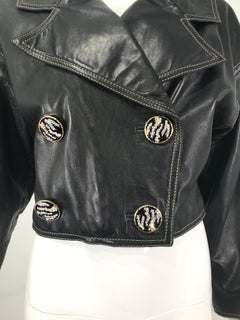 Genny Black Leather Bomber Jacket With Rhinestone Buttons & Gold Stitching 1980s