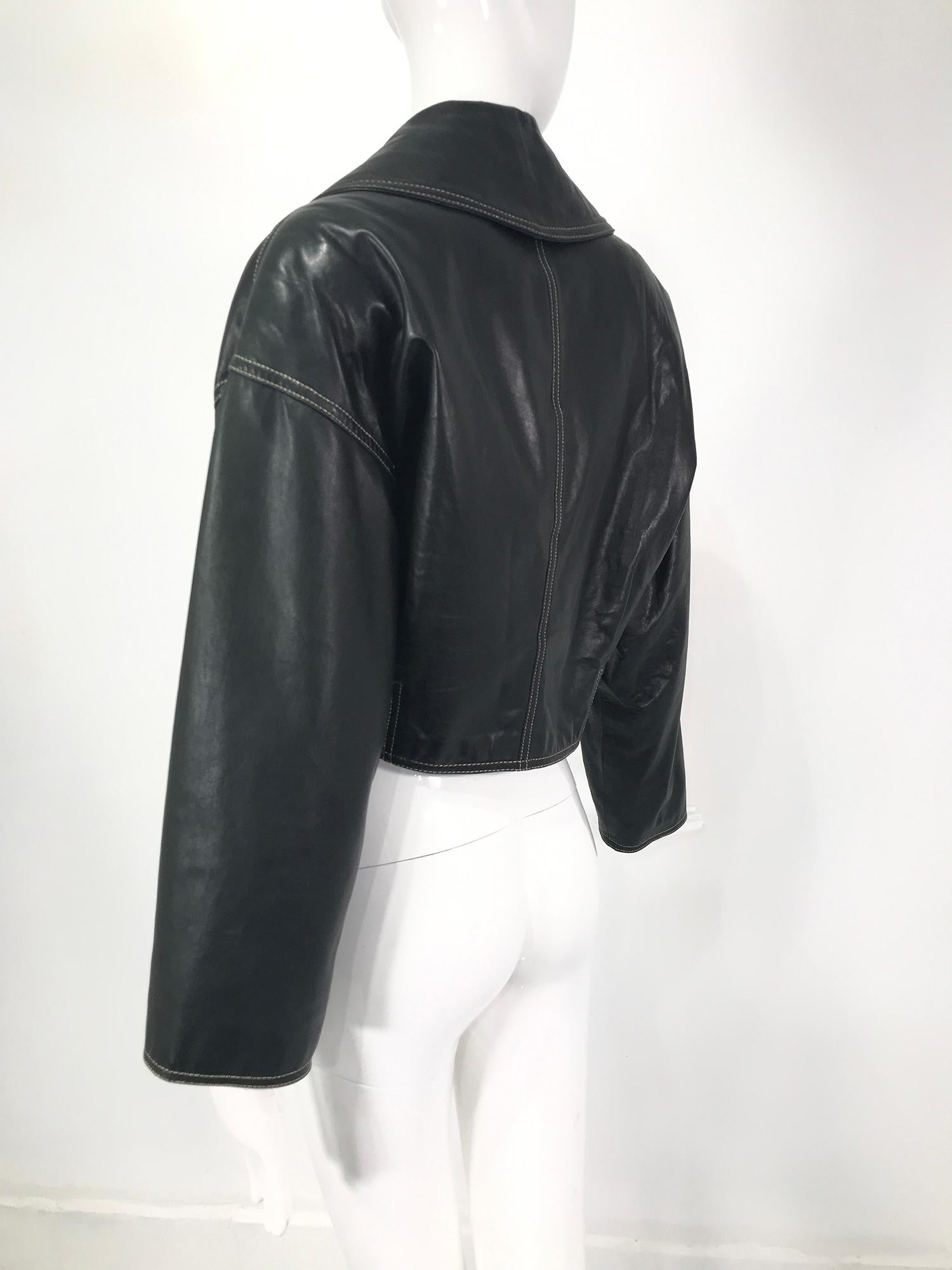 Genny Black Leather Bomber Jacket With Rhinestone Buttons & Gold Stitching 1980s In Good Condition For Sale In West Palm Beach, FL