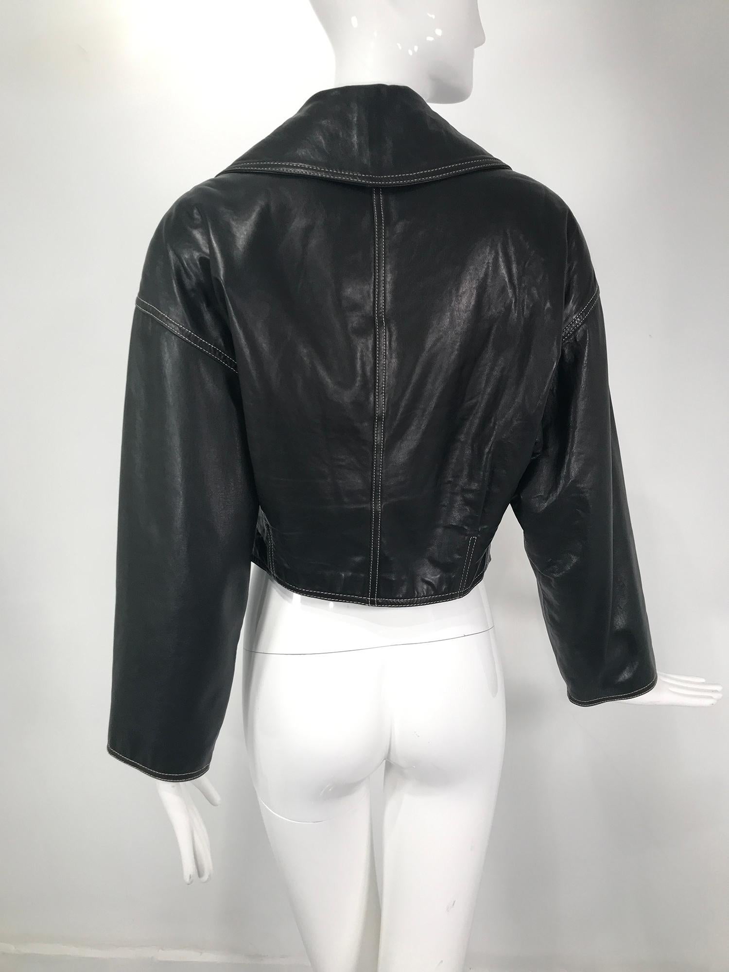 Women's Genny Black Leather Bomber Jacket With Rhinestone Buttons & Gold Stitching 1980s For Sale