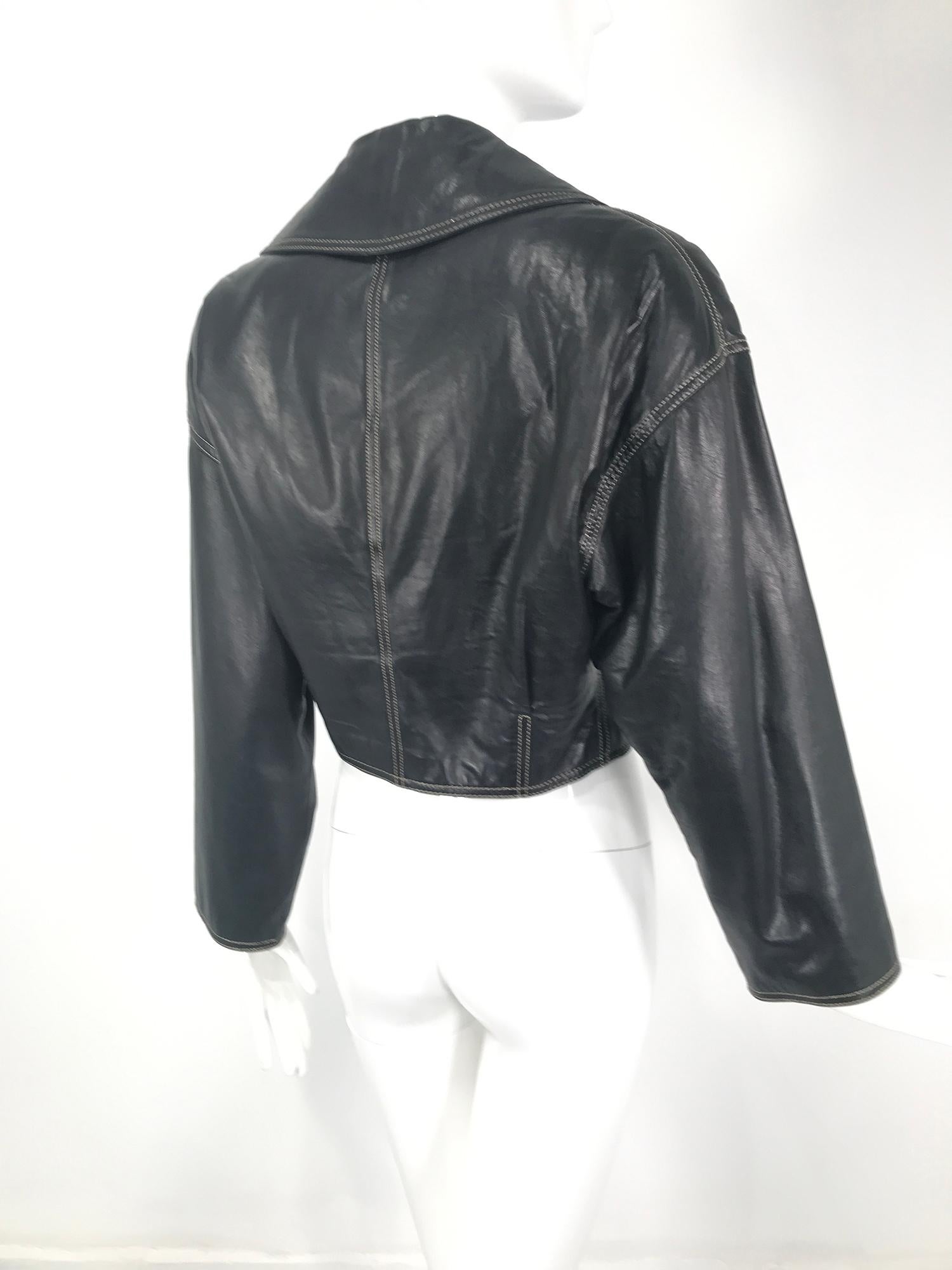 Genny Black Leather Bomber Jacket With Rhinestone Buttons & Gold Stitching 1980s 1