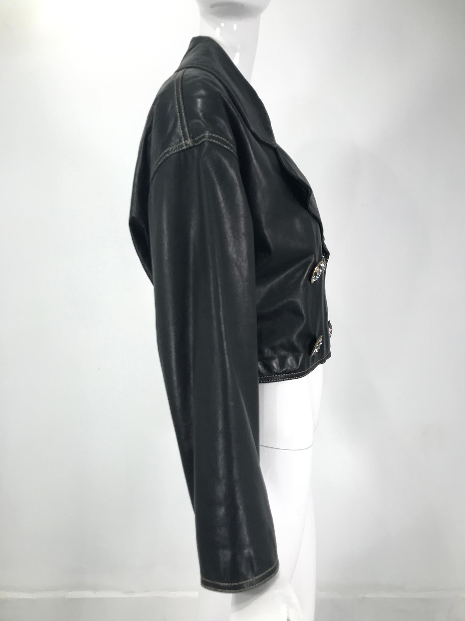 Genny Black Leather Bomber Jacket With Rhinestone Buttons & Gold Stitching 1980s For Sale 2