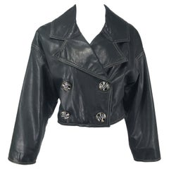 Genny Black Leather Bomber Jacket With Rhinestone Buttons & Gold Stitching 1980s