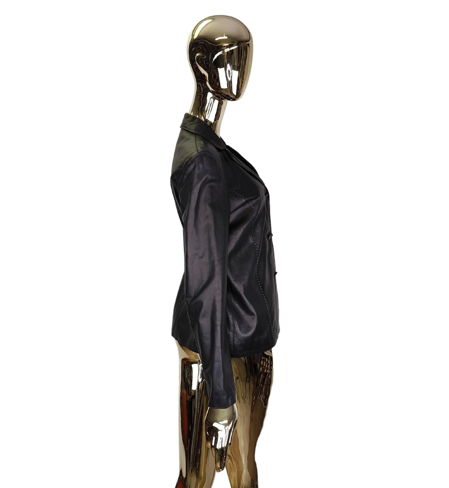 Black Genny black leather contrast stitching blazer For Sale