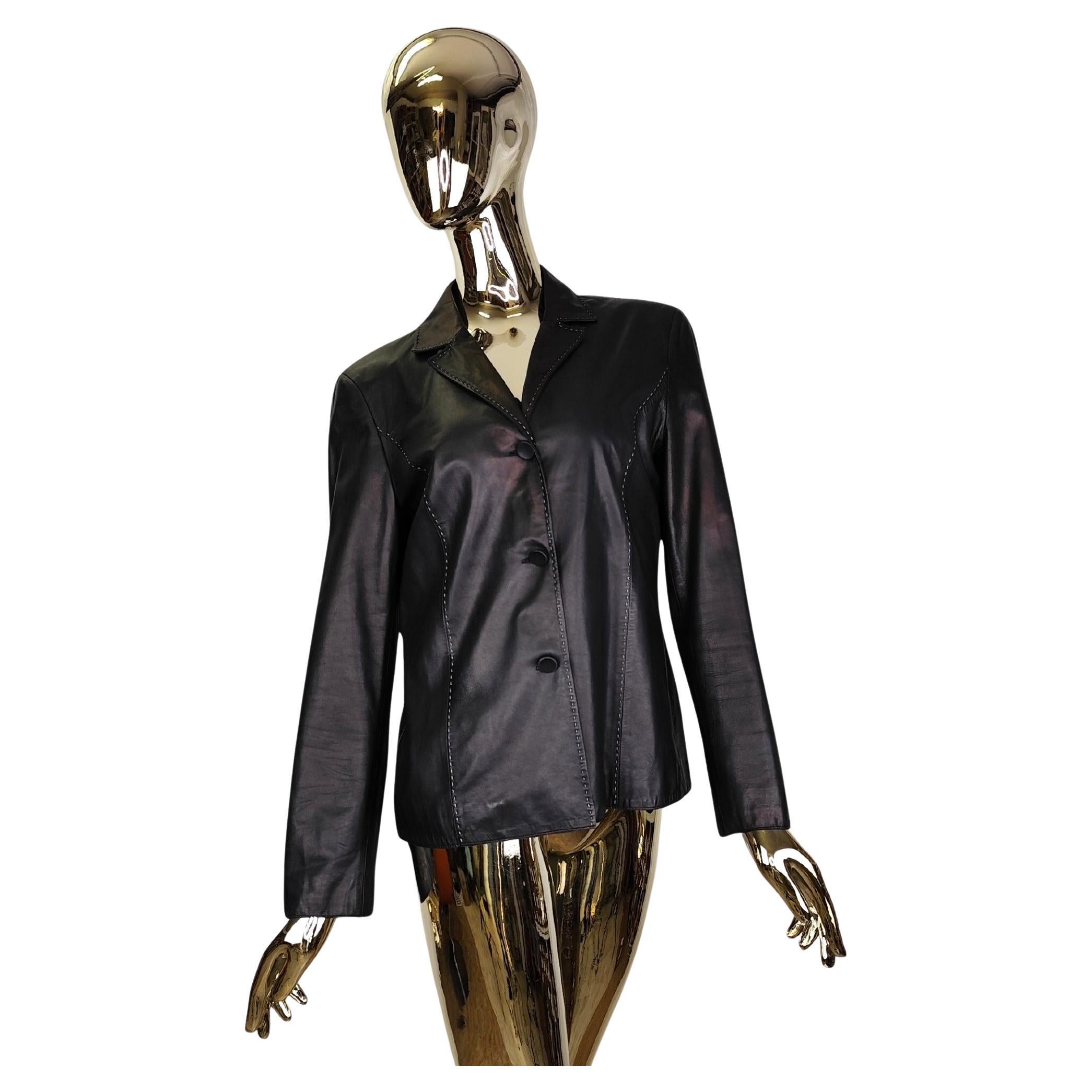 Genny black leather contrast stitching blazer For Sale