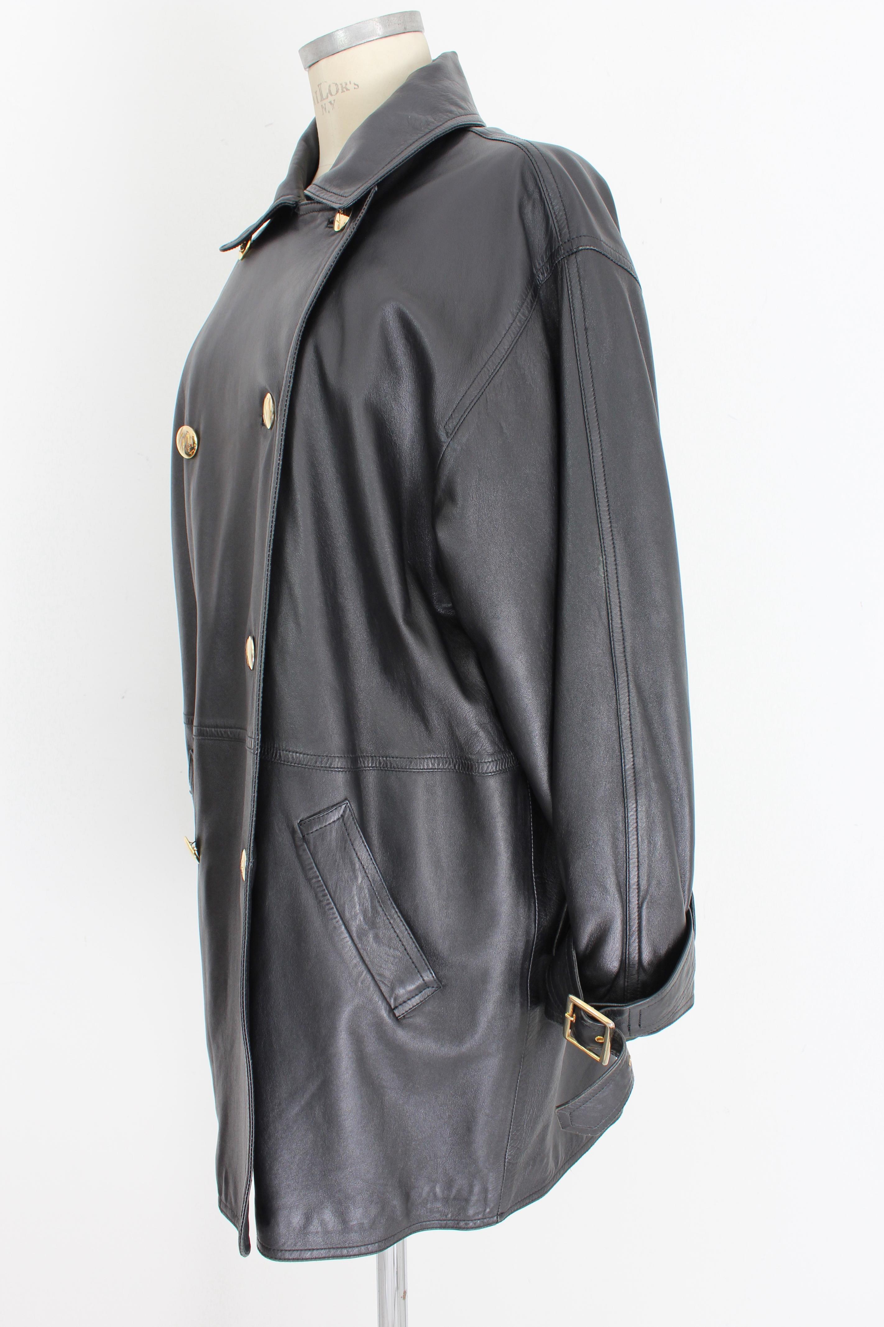 Genny Black Leather Oversize Double Breasted Coat 1