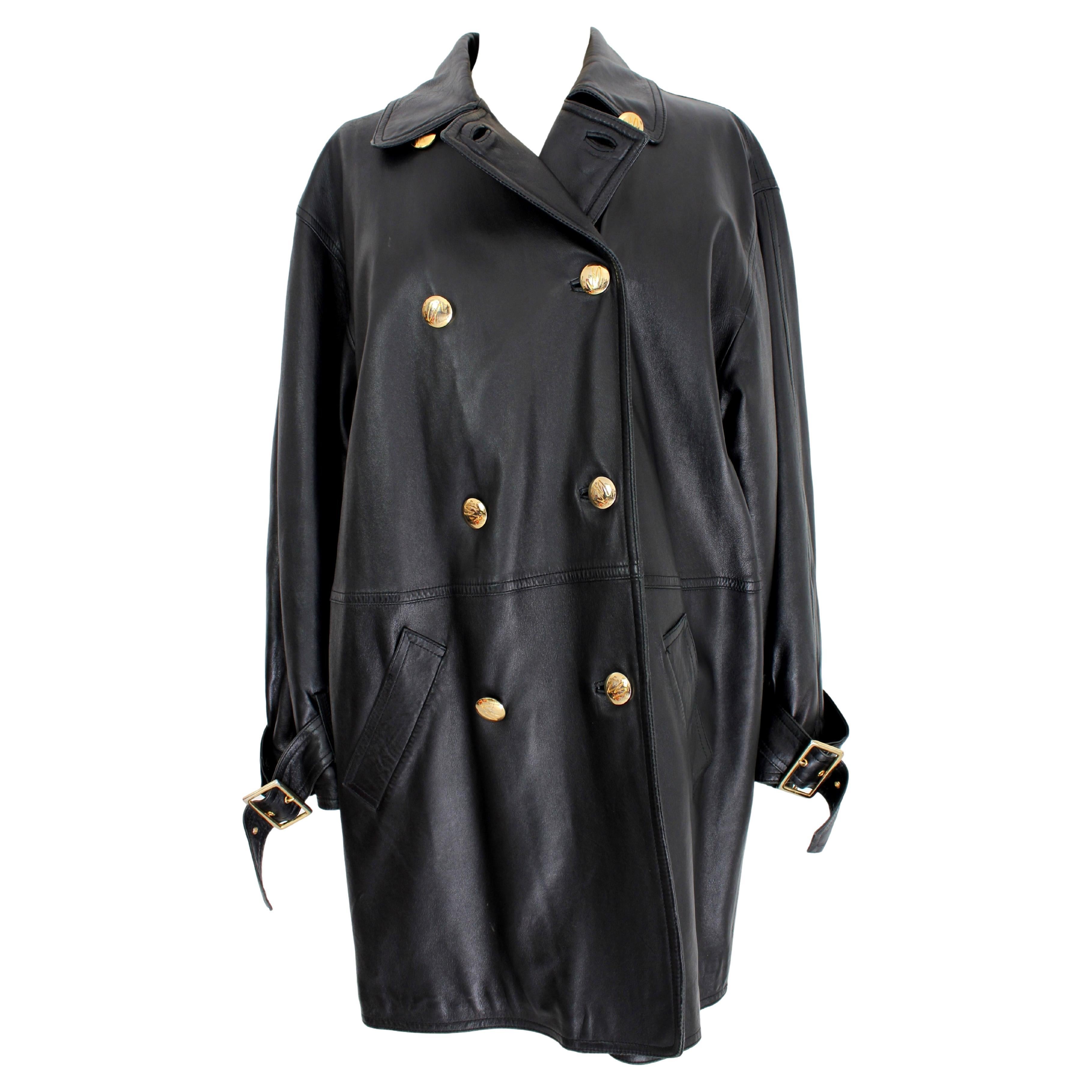 Genny Black Leather Oversize Double Breasted Coat