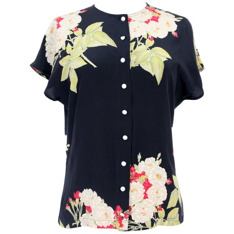 Genny By Gianni Versace Black Silk Floral Shirt 80s For Sale at 1stdibs