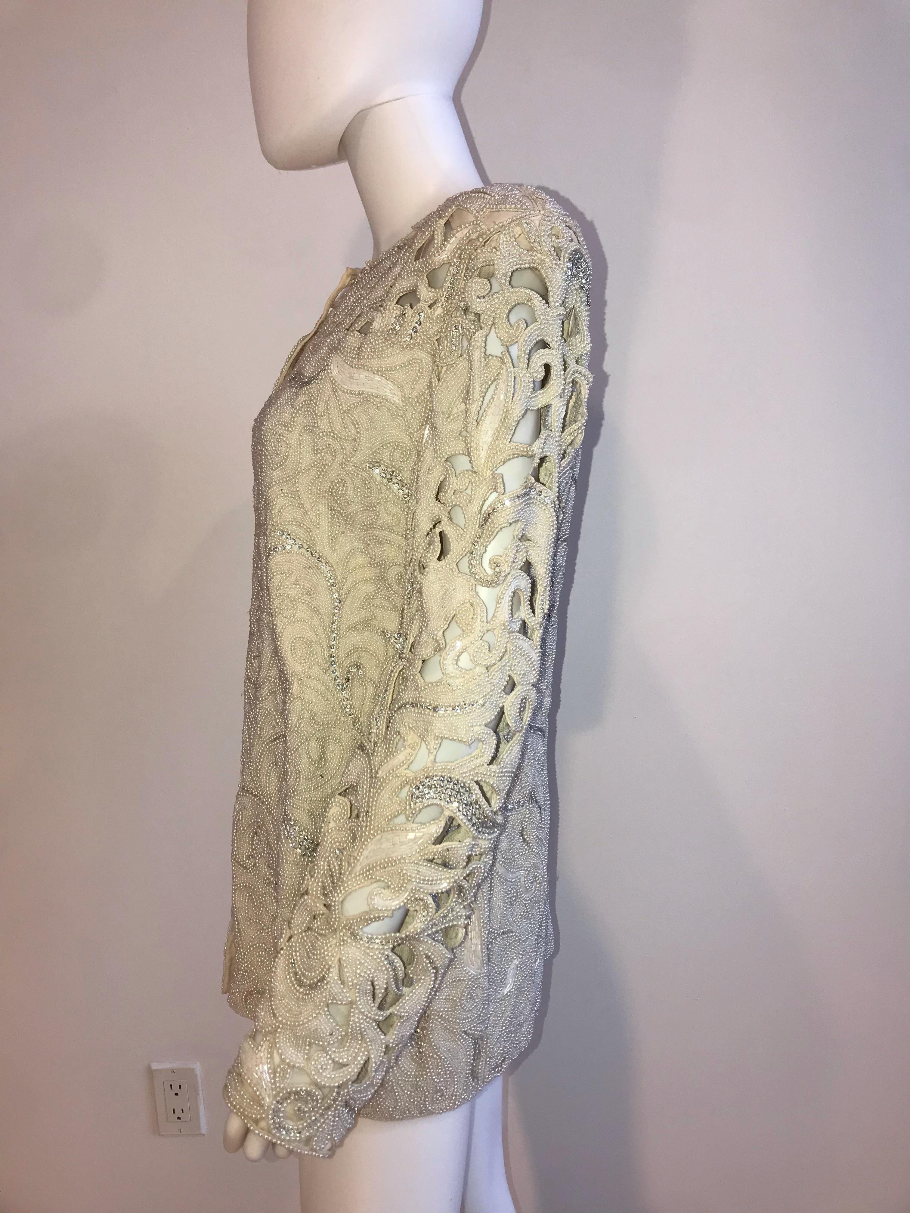 Genny by Gianni Versace Intricate Pearl and Diamond Beaded Cutout Ivory Jacket For Sale 3