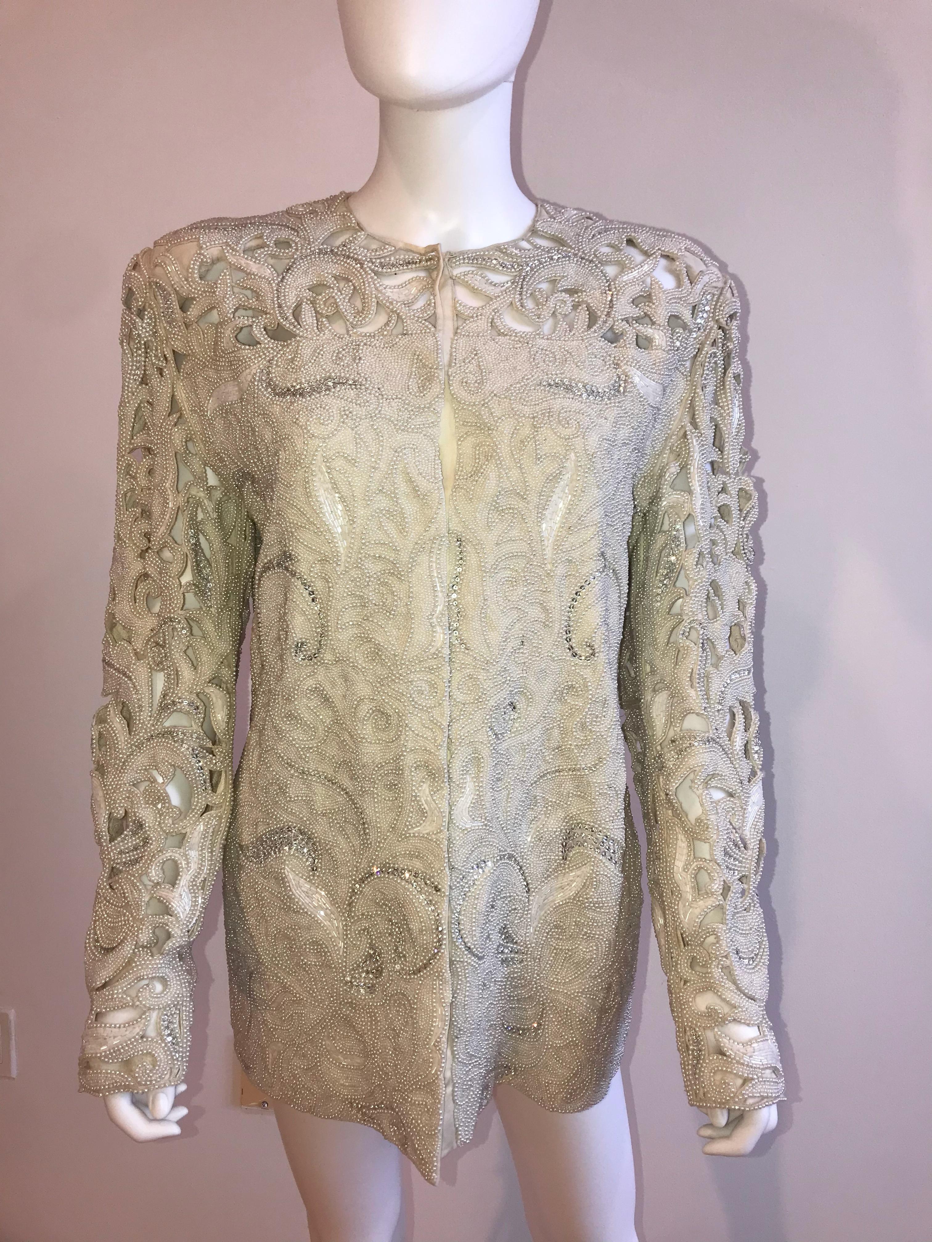 Genny by Gianni Versace Intricate Pearl and Diamond Beaded Cutout Ivory Jacket. Size US 8. Designer tag has been removed.
