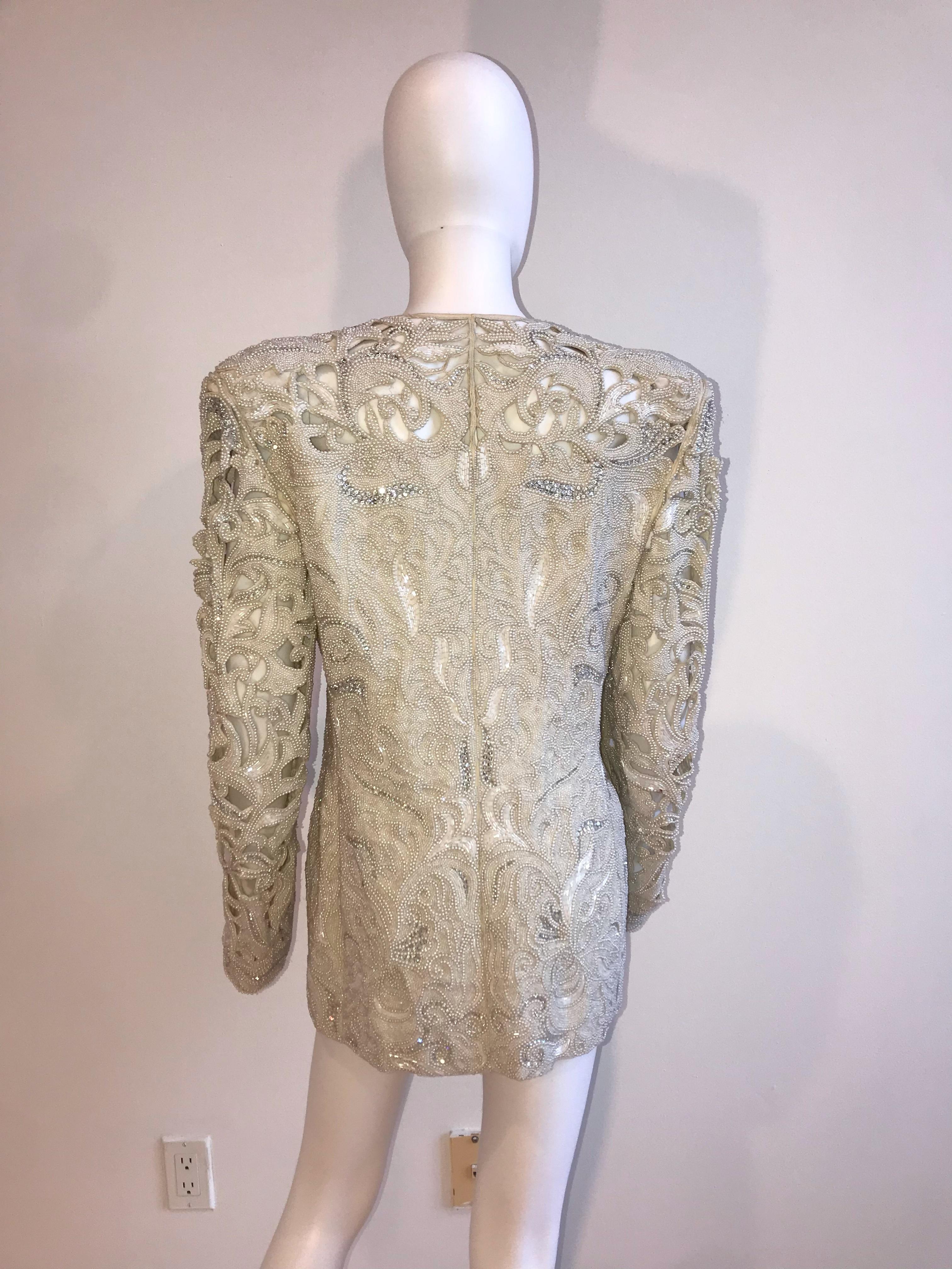 Brown Genny by Gianni Versace Intricate Pearl and Diamond Beaded Cutout Ivory Jacket For Sale